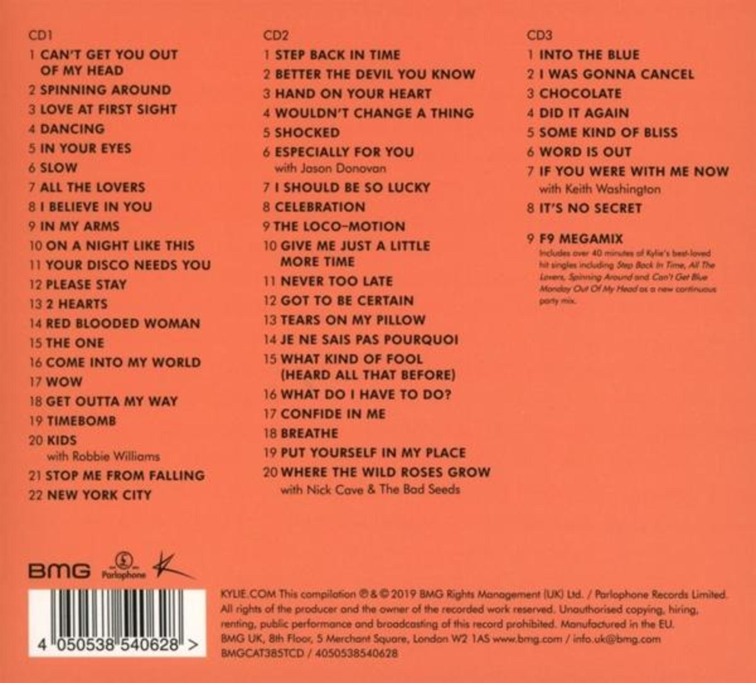 Elenco tracce della compilation di Kylie Minogue con CD1, CD2 e CD3.