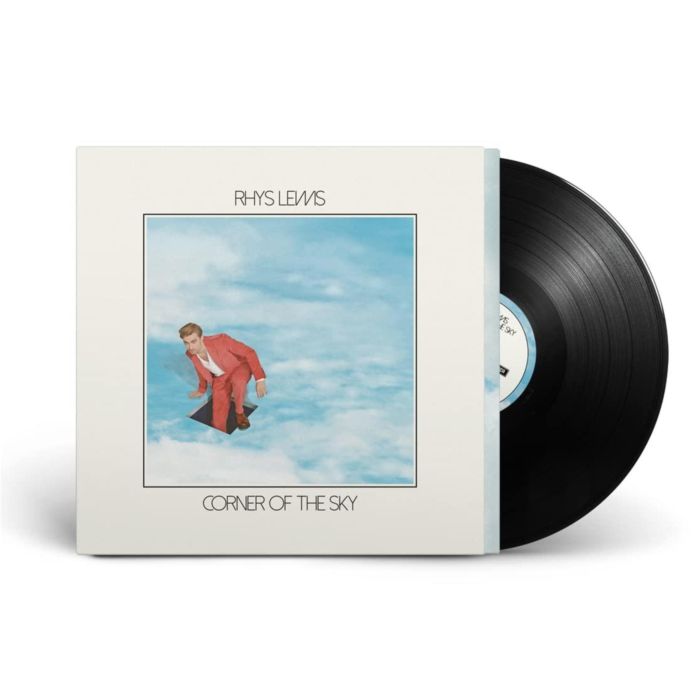 Album cover with a man falling through a square. The background is a blue sky, the album title is present.