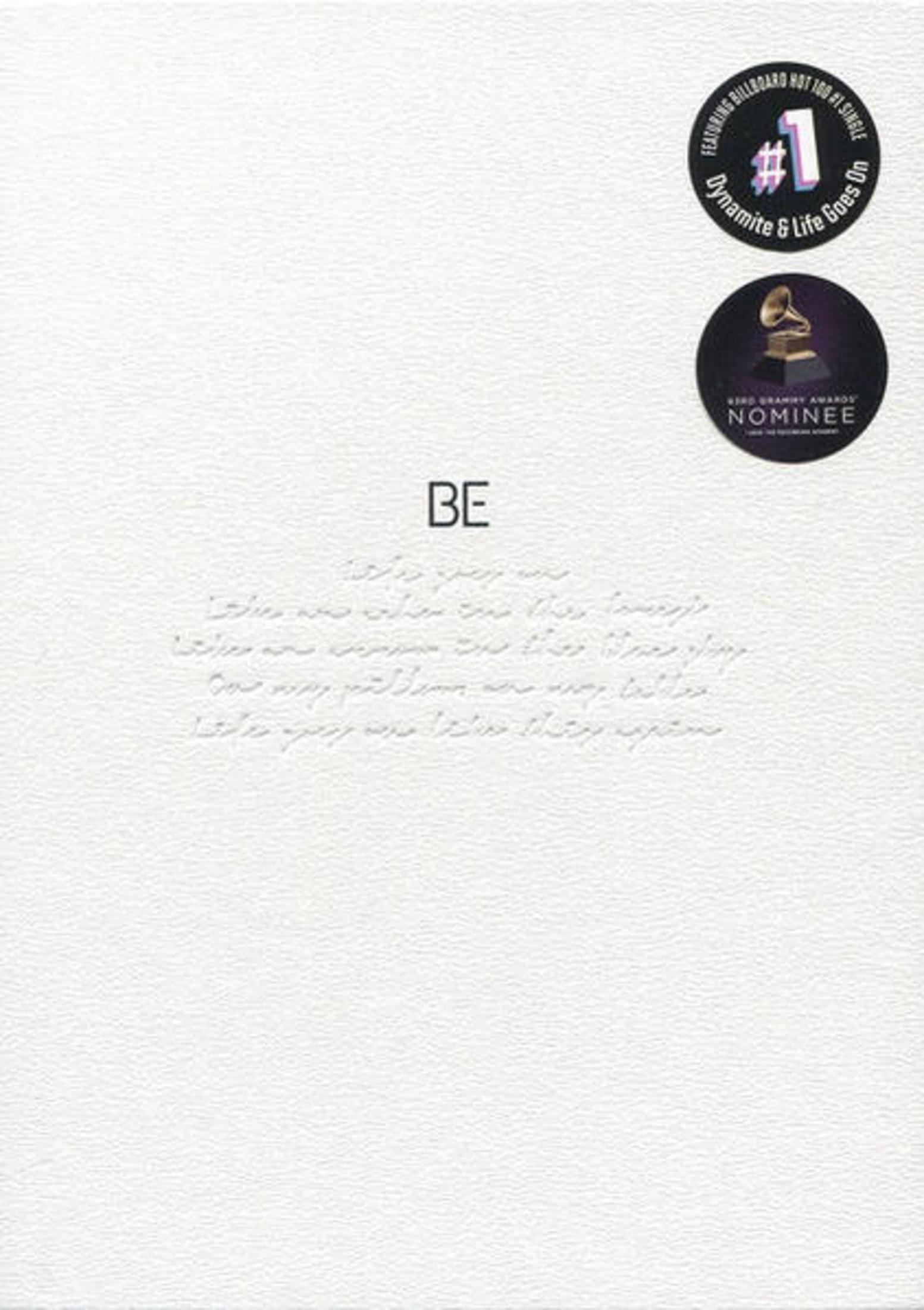 Witte albumhoes met BTS-logo en tekst. Heeft onderscheidingen.
