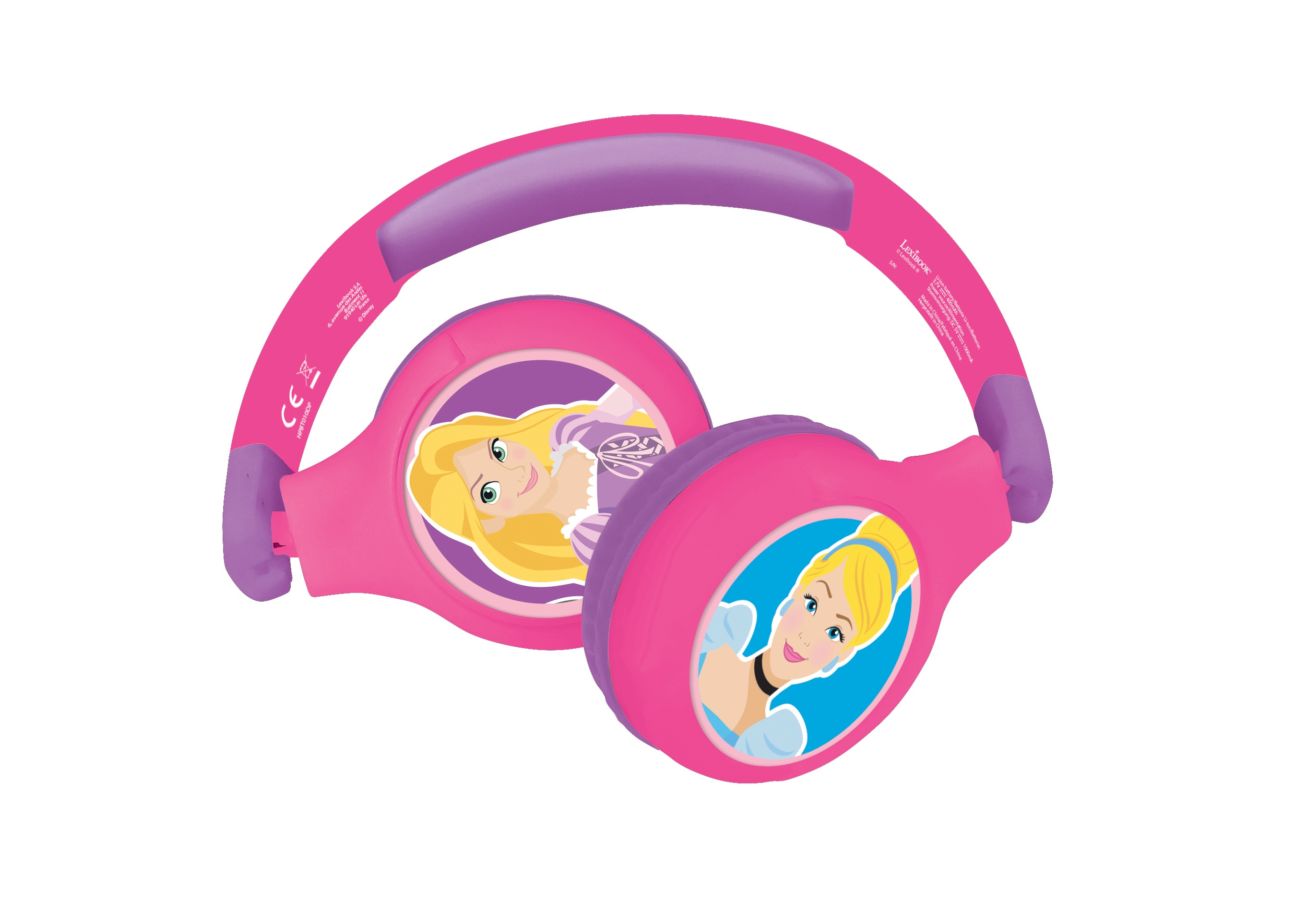 Cuffie rosa principessa con immagini di Rapunzel e Cenerentola.