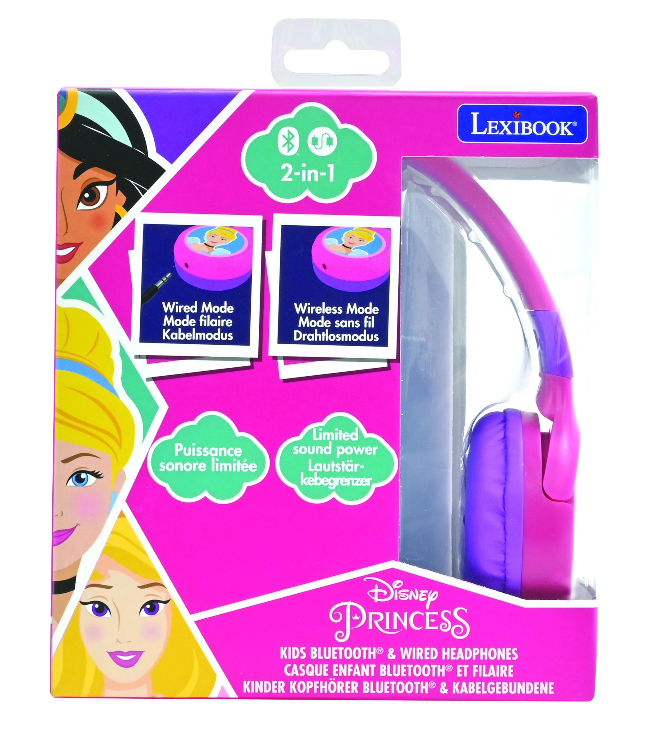 Cuffie Disney Princess rosa e viola in confezione retail, illustrazioni di principesse.