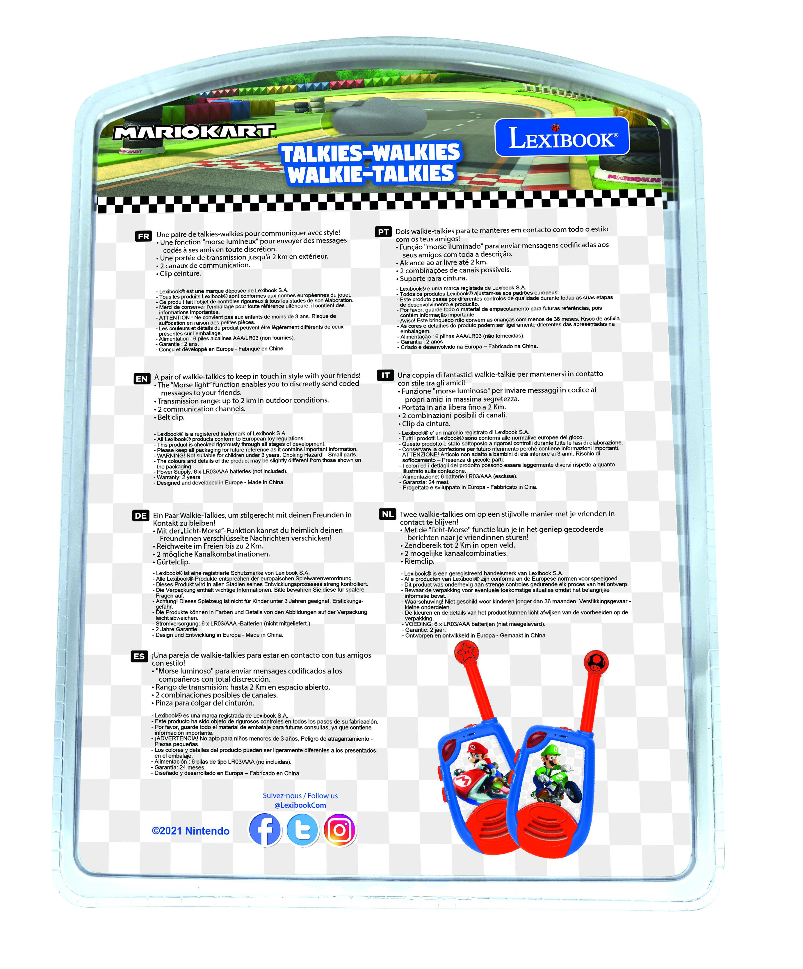 Parte trasera de un paquete de walkie-talkie de Mario Kart con detalles e instrucciones en varios idiomas.