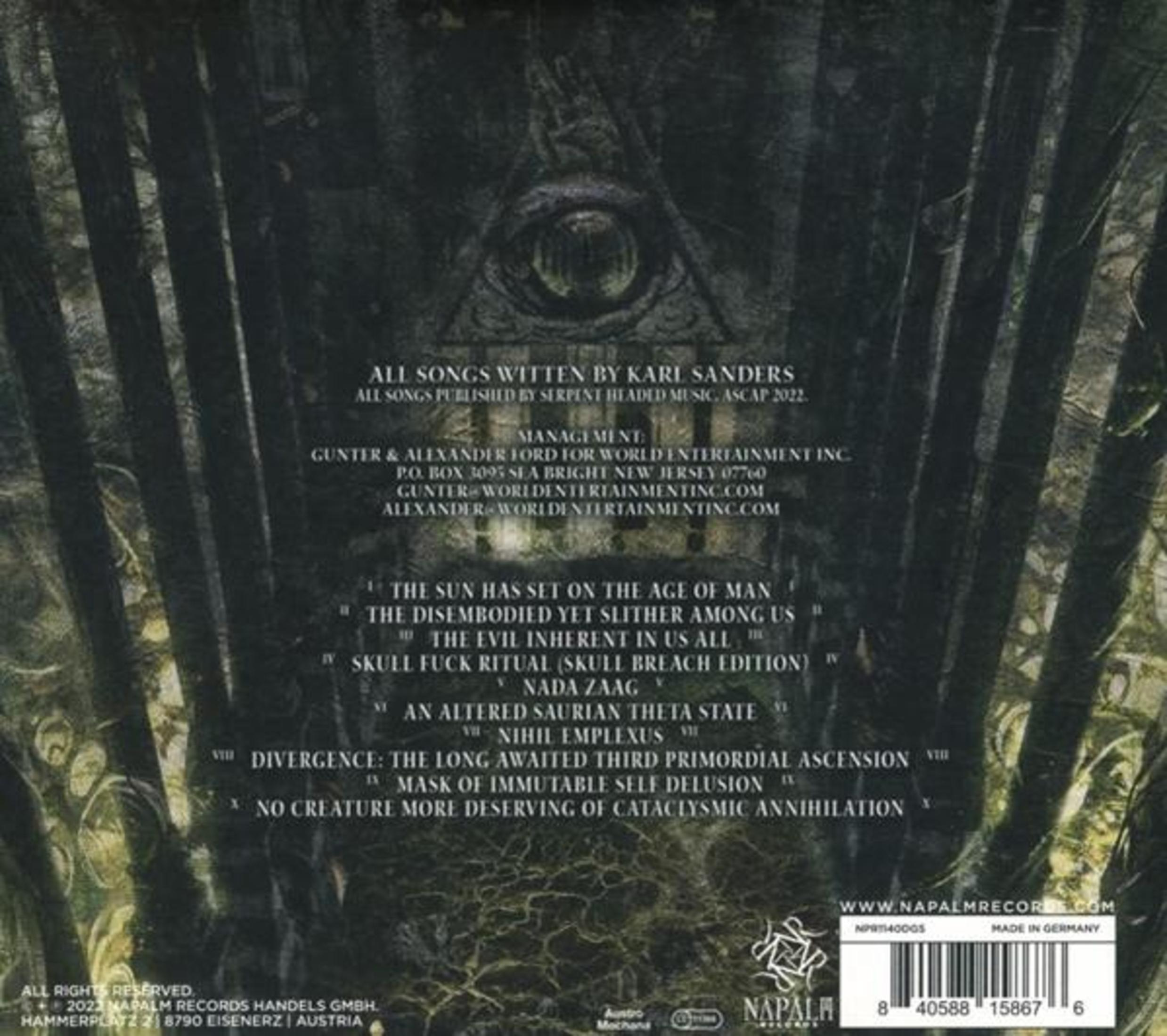 Pochette d'album avec imagerie sombre, texte listant les chansons et crédits, œil dans un triangle.