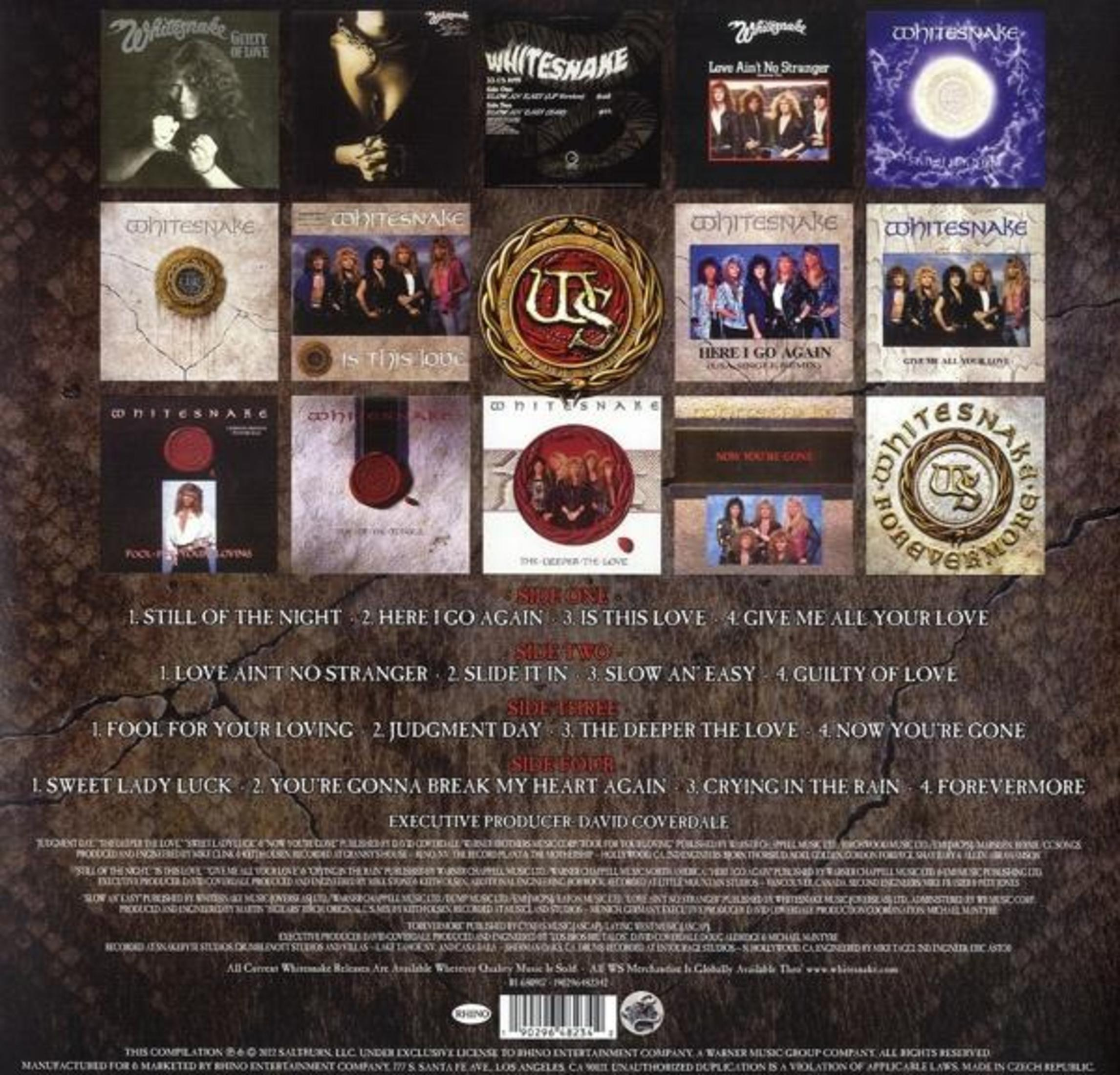 Achterkant van het album met veel albumhoezen en een tracklist. Het album is 'The Deepest Love' van Whitesnake.