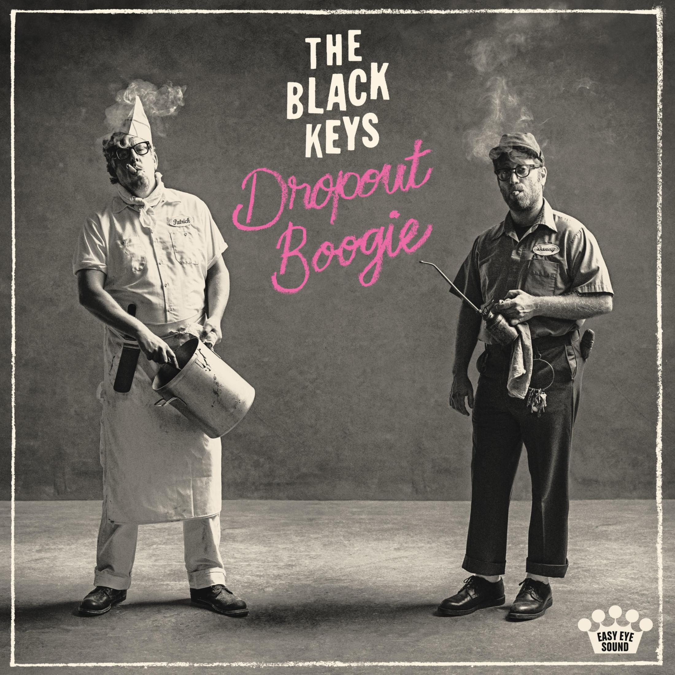 Copertina dell'album: The Black Keys. Due uomini in uniforme da lavoro che fumano, il titolo 'Dropout Boogie'.