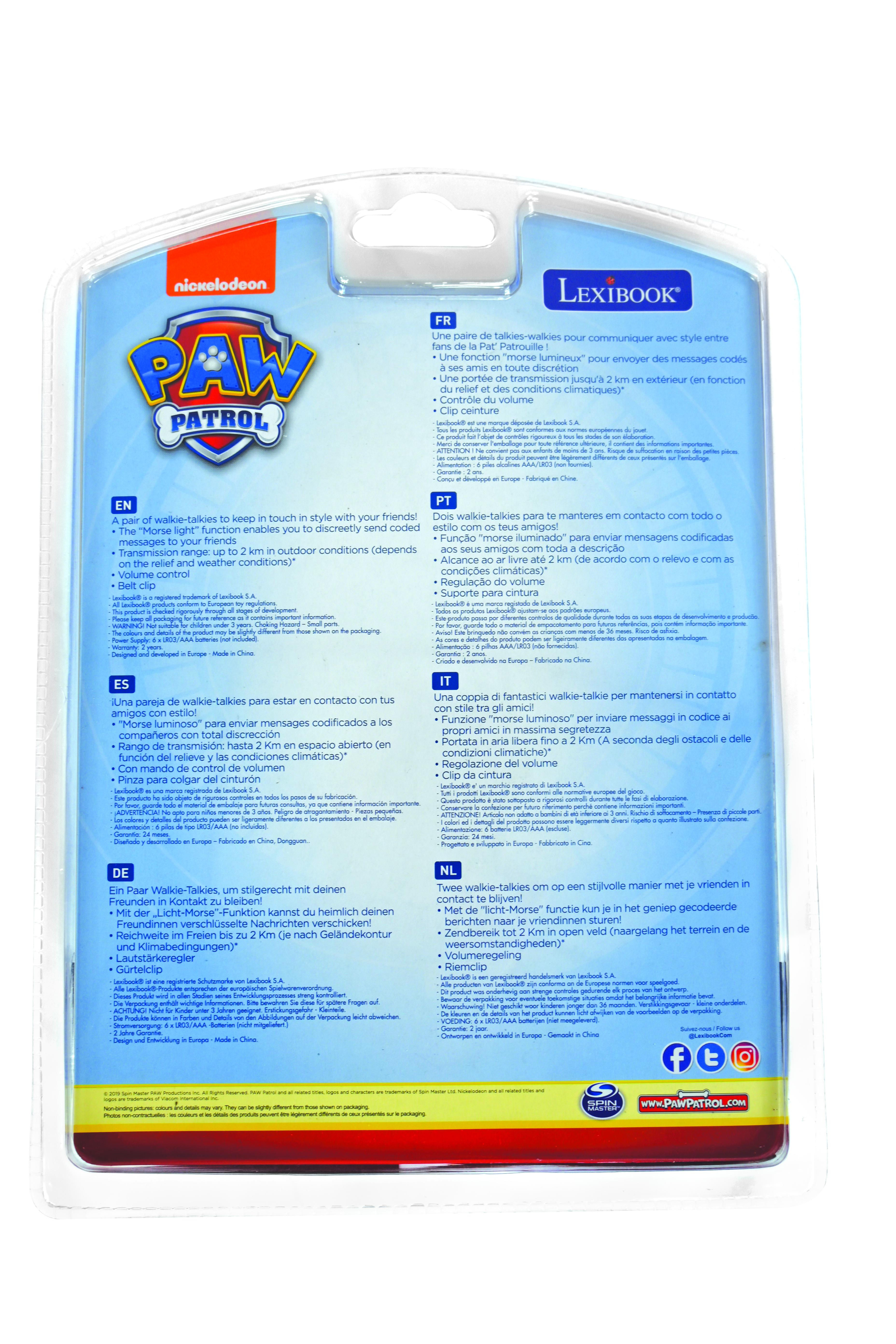 Parte trasera de un paquete de walkie-talkie de Paw Patrol con instrucciones e información en varios idiomas.