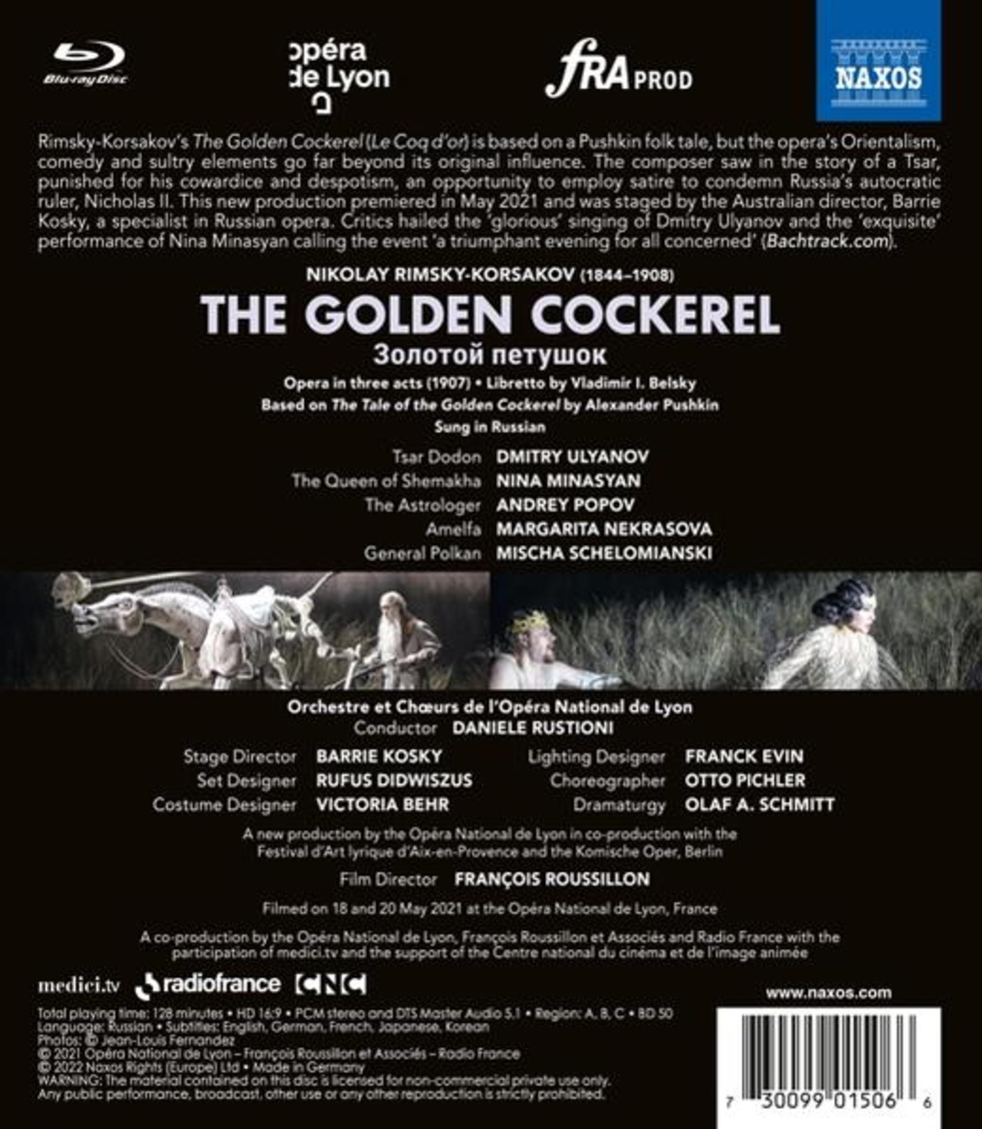Opera poster with text and images of a performance. Blu-ray disc logo.