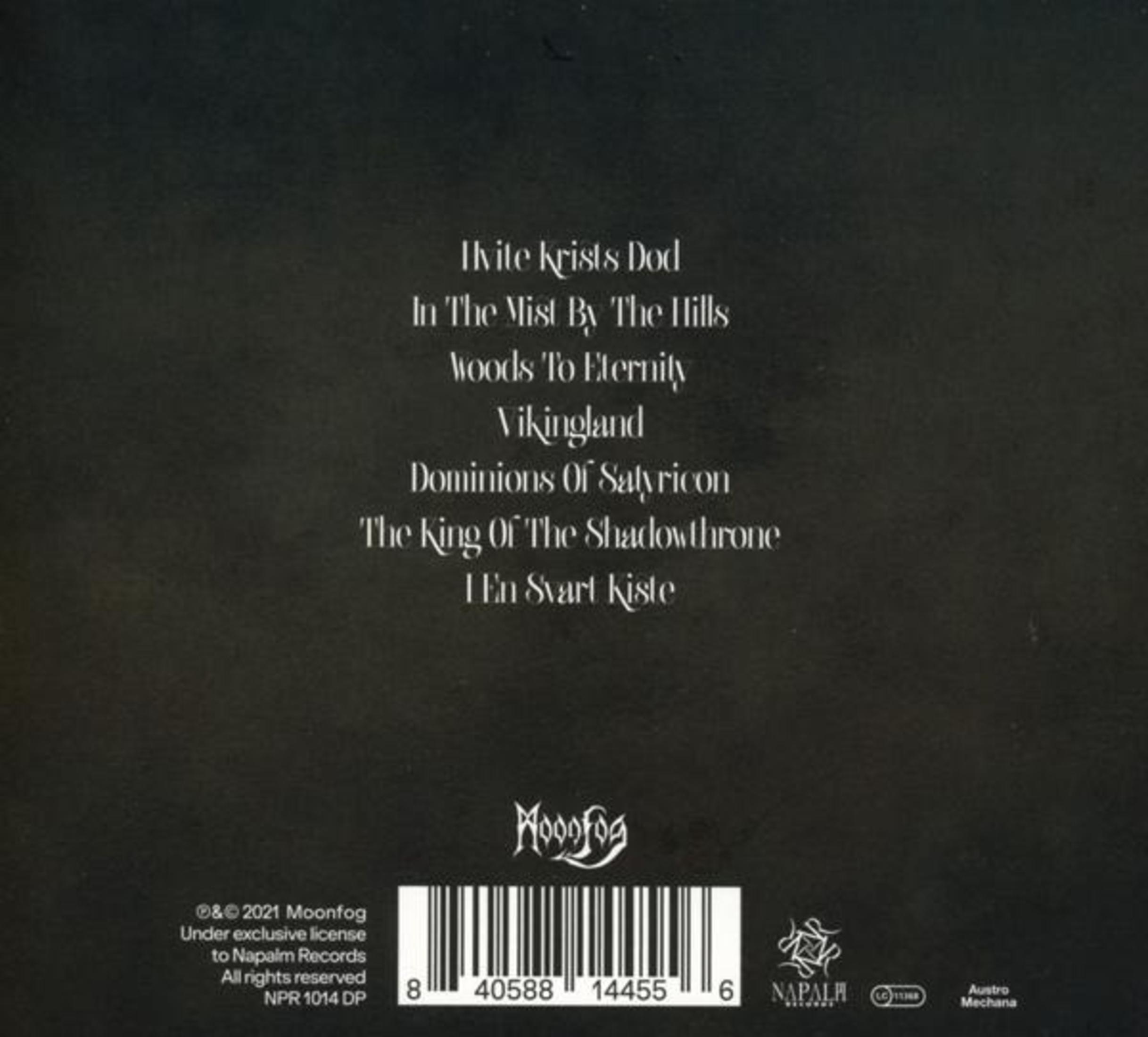 Achterkant van een cd-hoesje. Witte tekst op een zwarte achtergrond. Lijst met titels, logo, barcode.
