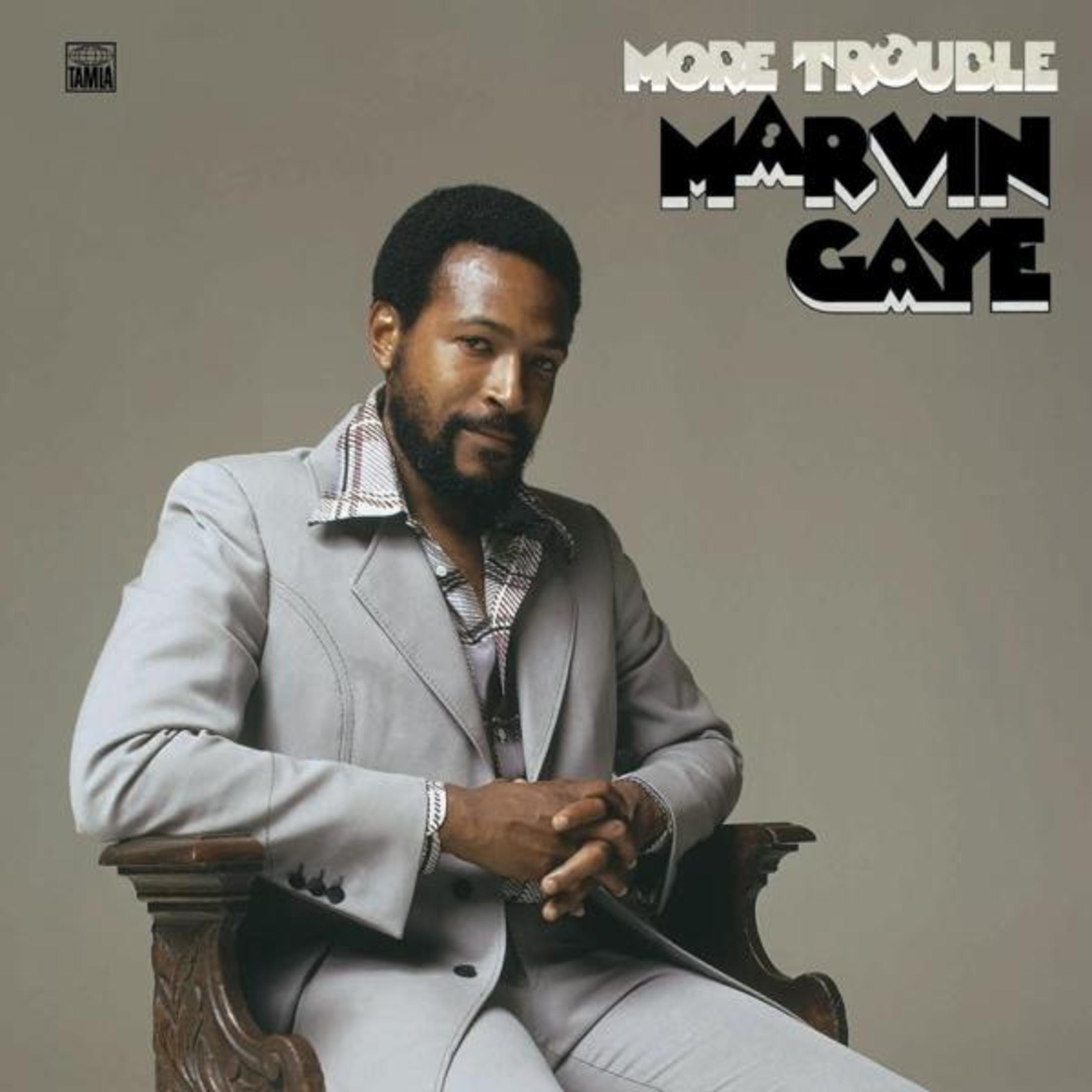 Albumhoes: Marvin Gaye in een grijs pak, zittend in een stoel, met de tekst 'More Trouble' erboven.