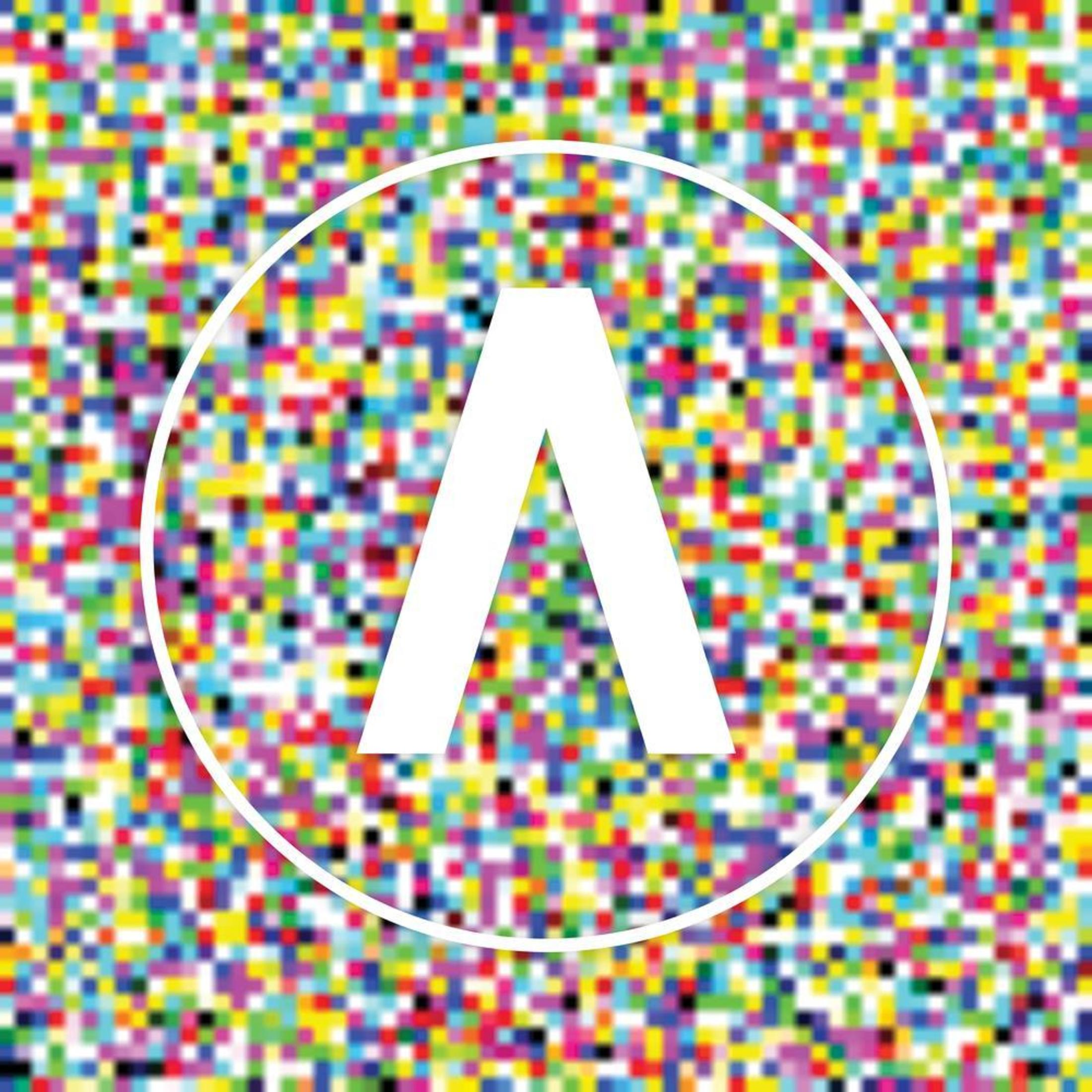Image abstraite avec un fond pixelisé multicolore et un cercle blanc avec un 'A' blanc.