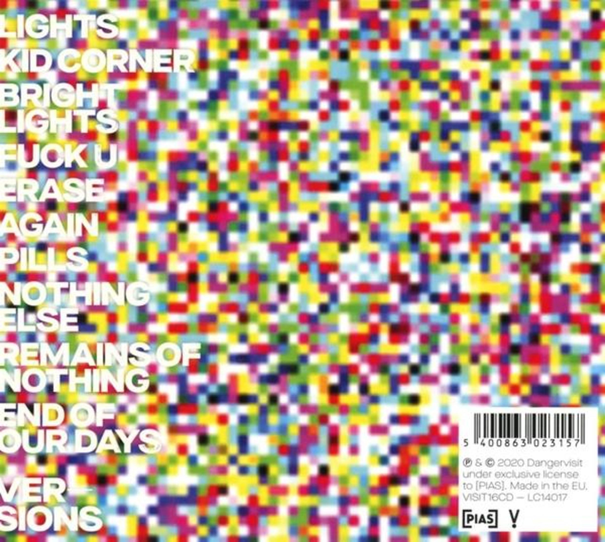 Pochette d'album avec un fond pixélisé coloré et du texte listant les titres des chansons.