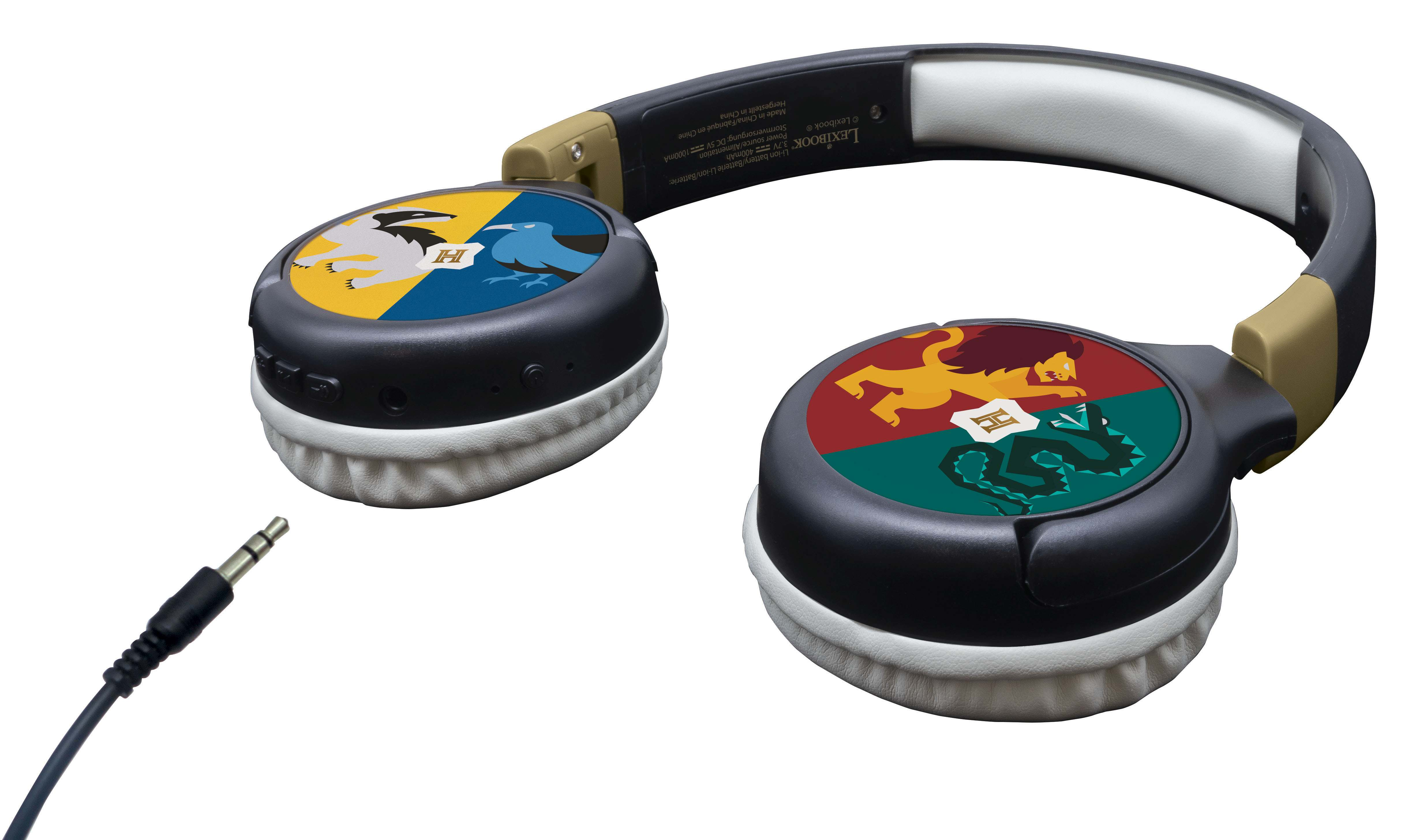Auriculares temáticos de Harry Potter, mostrando los escudos de las casas y un cable de audio conectado.