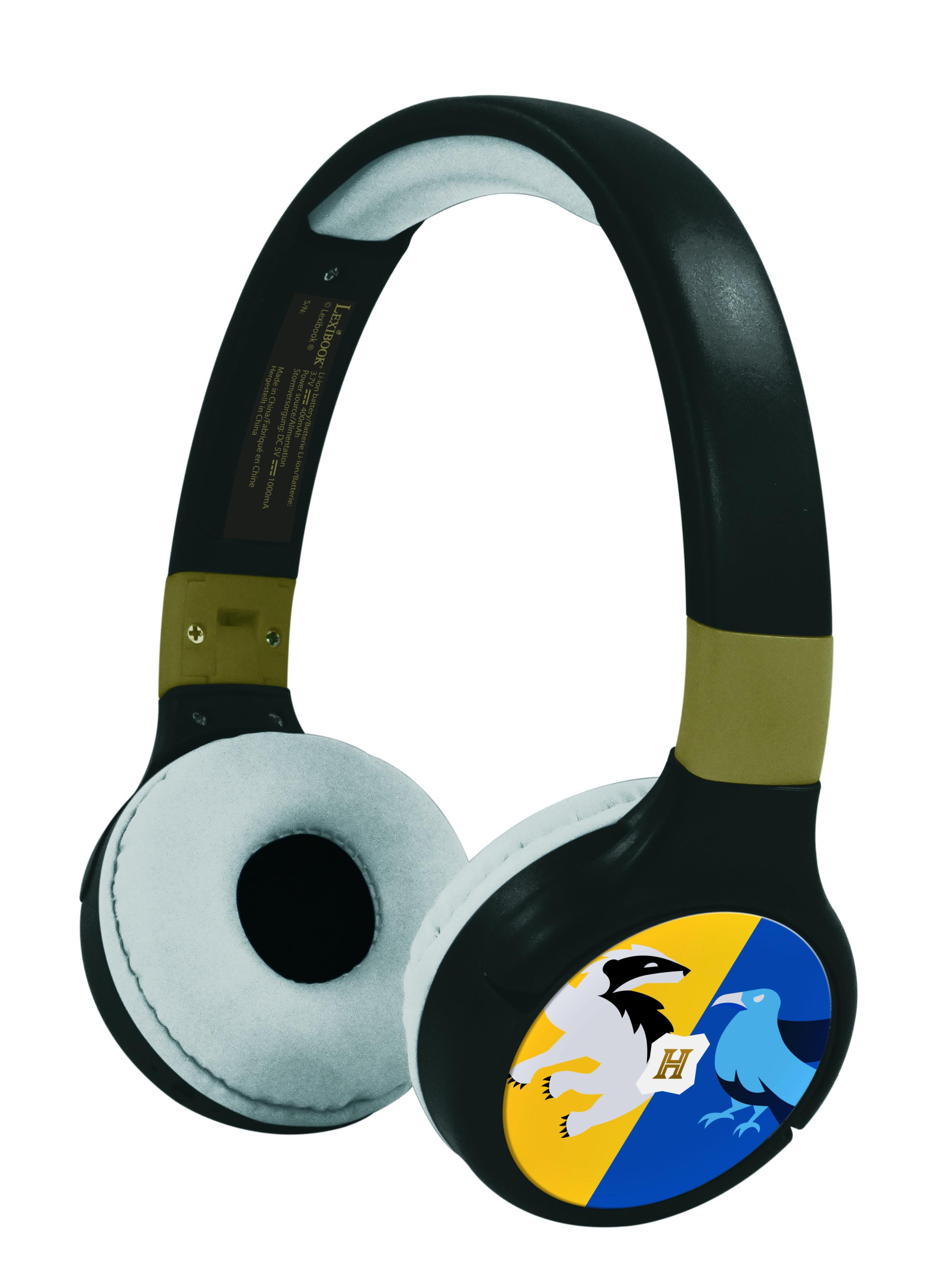 Auriculares negros con tema de Harry Potter. Las orejeras presentan escudos de las casas.