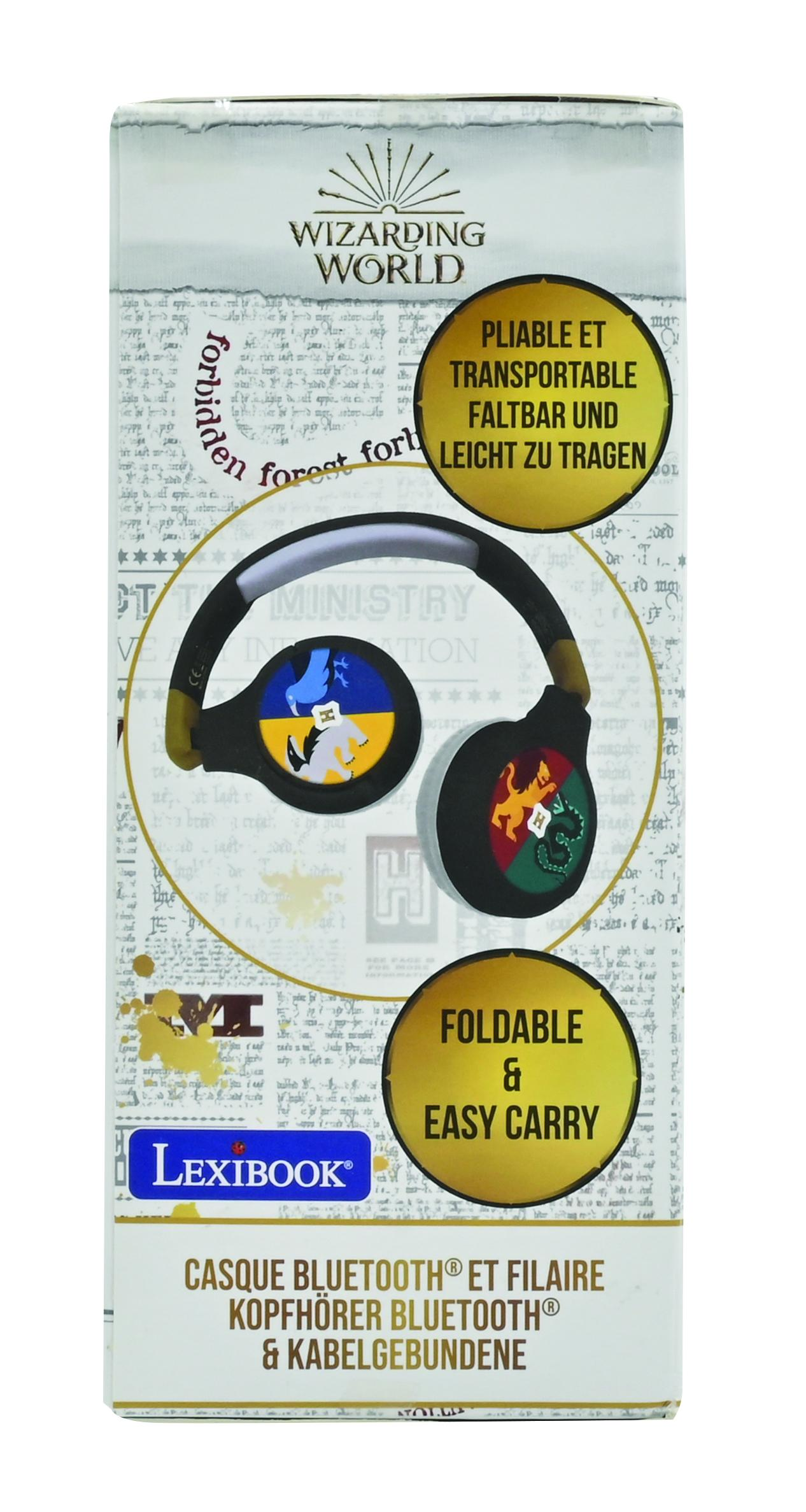 Caja con auriculares de Harry Potter. La caja tiene texto en varios idiomas. Imagen de auriculares.