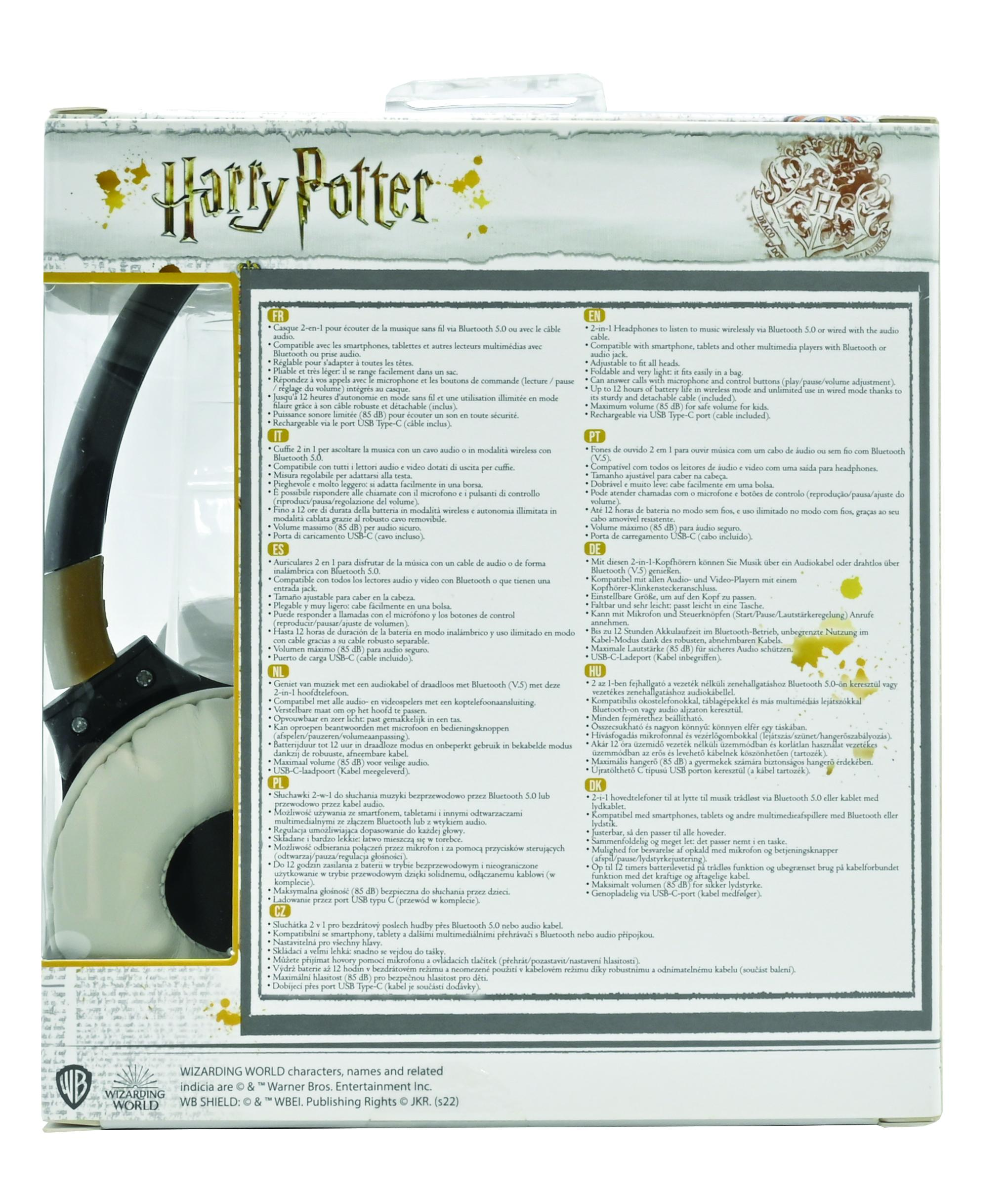 Parte trasera del embalaje de auriculares de Harry Potter. Texto en varios idiomas con fondo blanco.