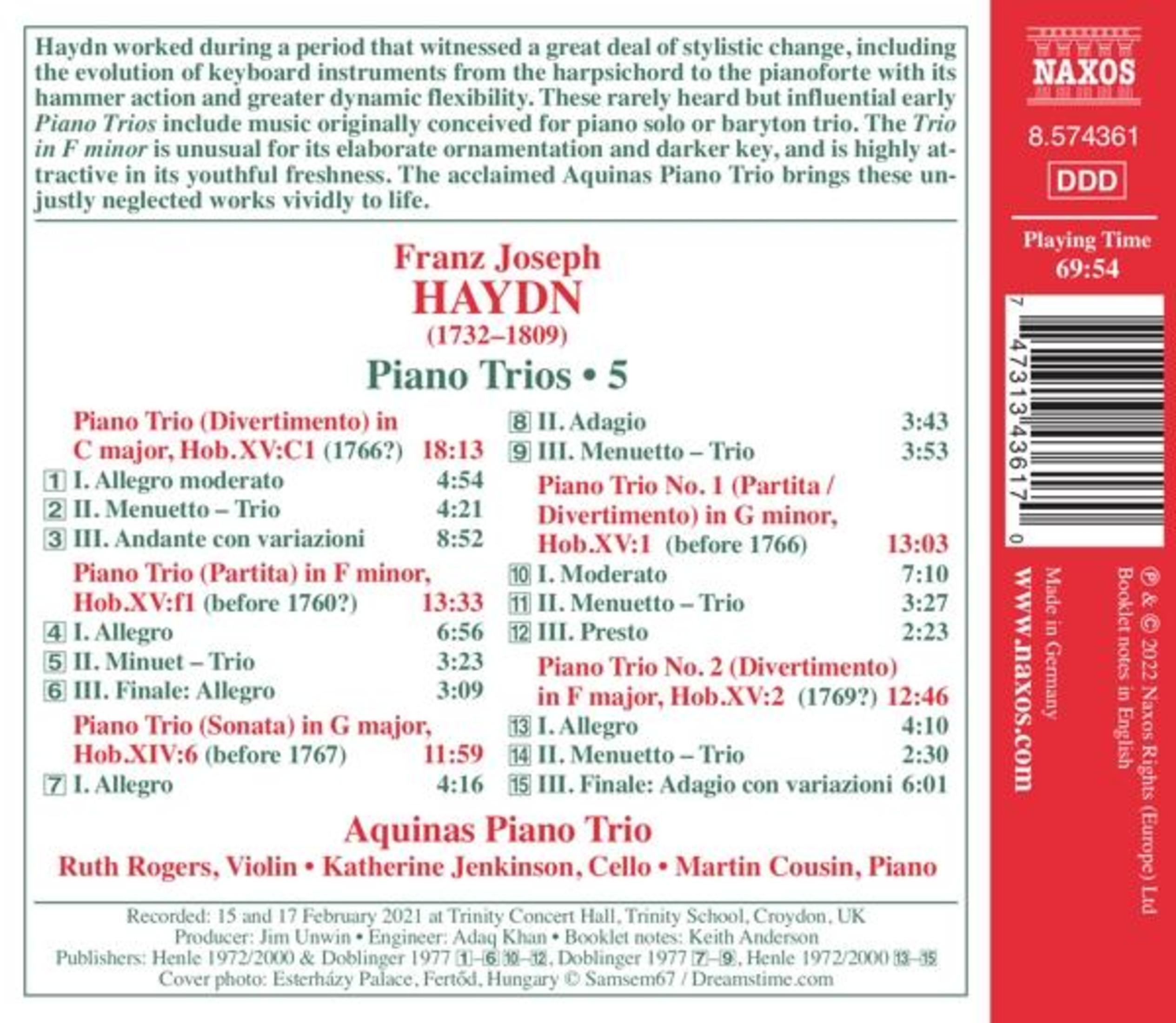 Albumhoes met muzieknoten en tekst. Met Franz Joseph Haydn en Aquinas Piano Trio.