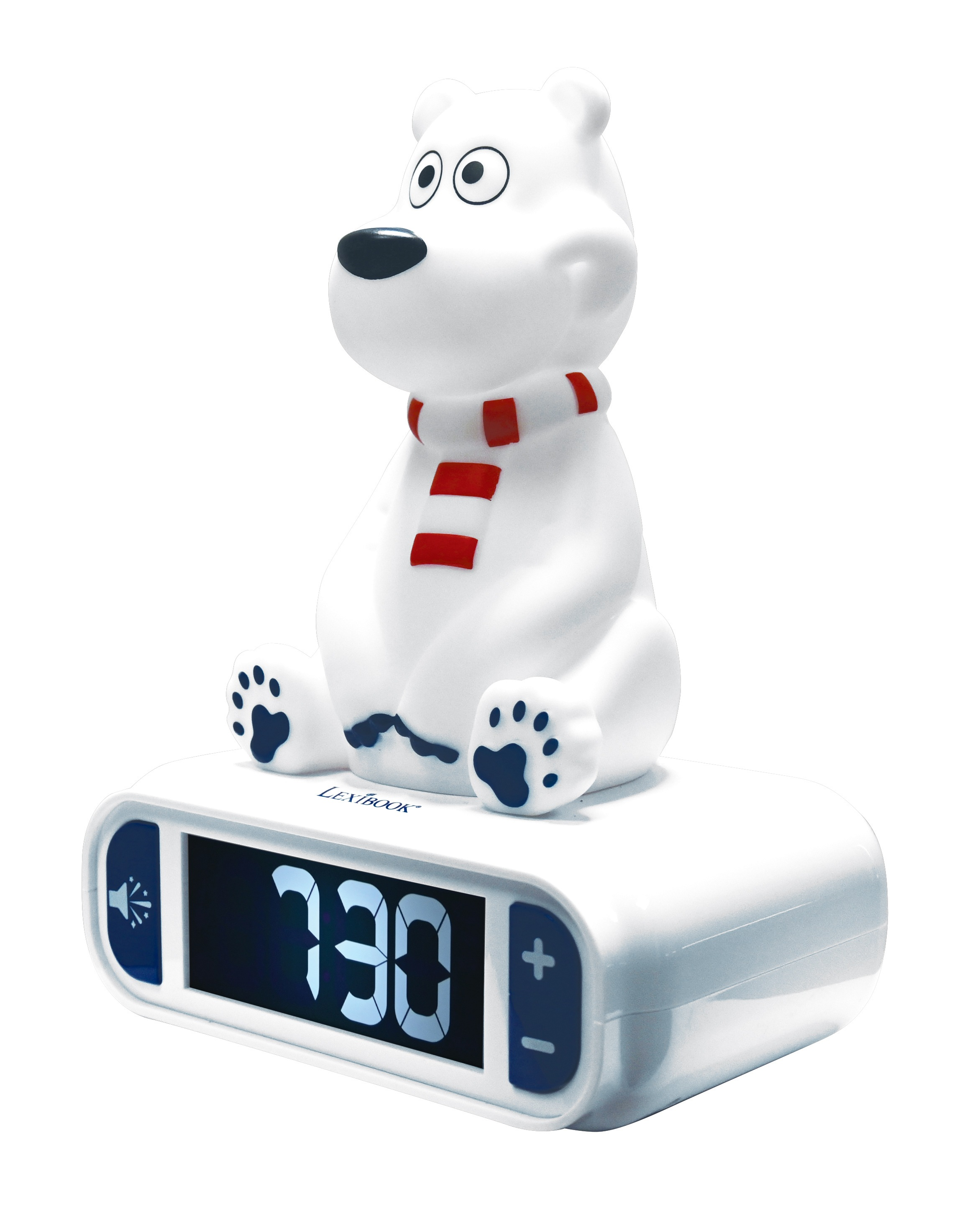 Sveglia orso polare. Orso bianco con sciarpa, seduto su orologio digitale. Sfondo bianco.