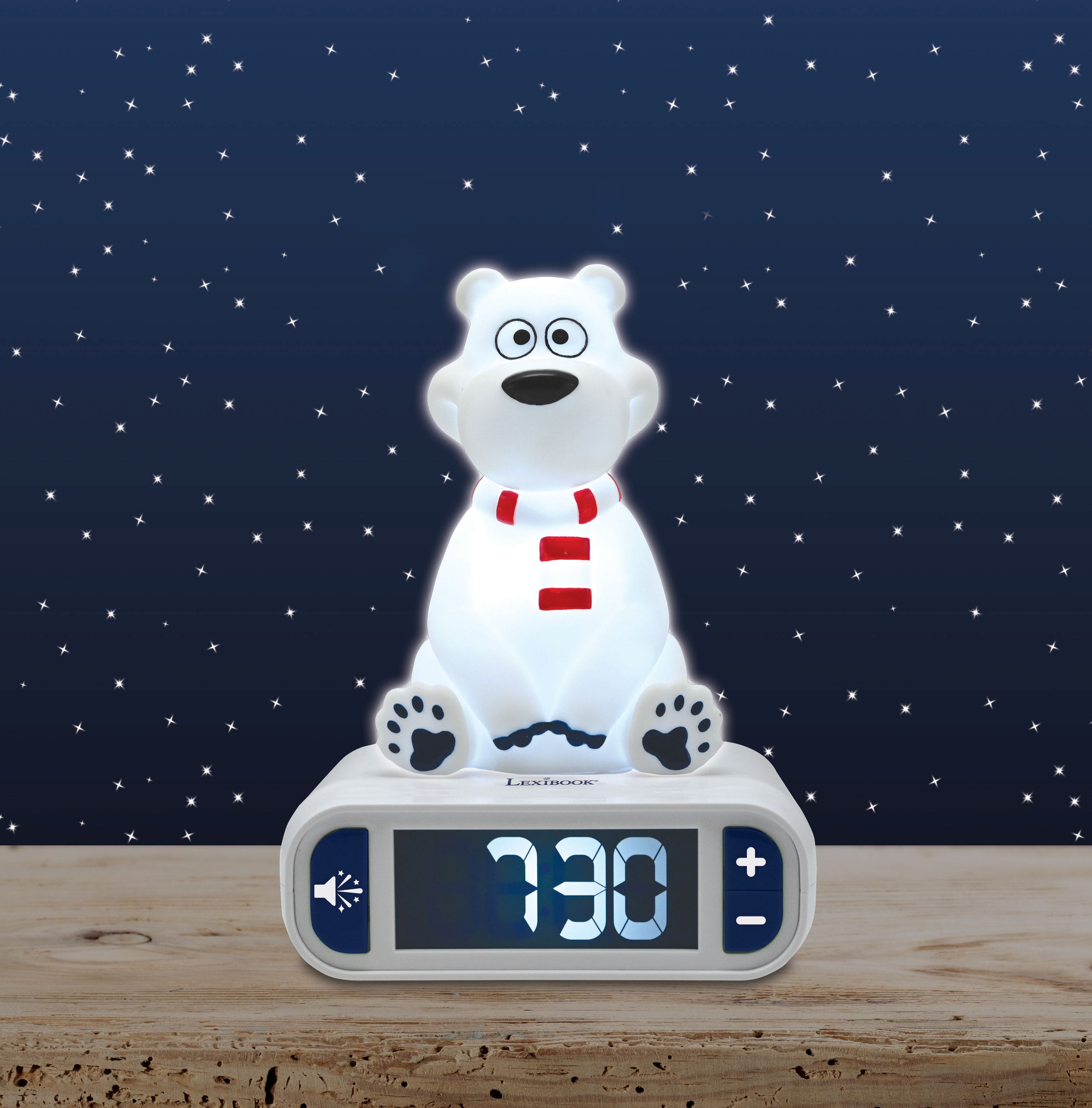 Luce notturna a forma di orso polare bianco su una sveglia bianca con sfondo stellato.