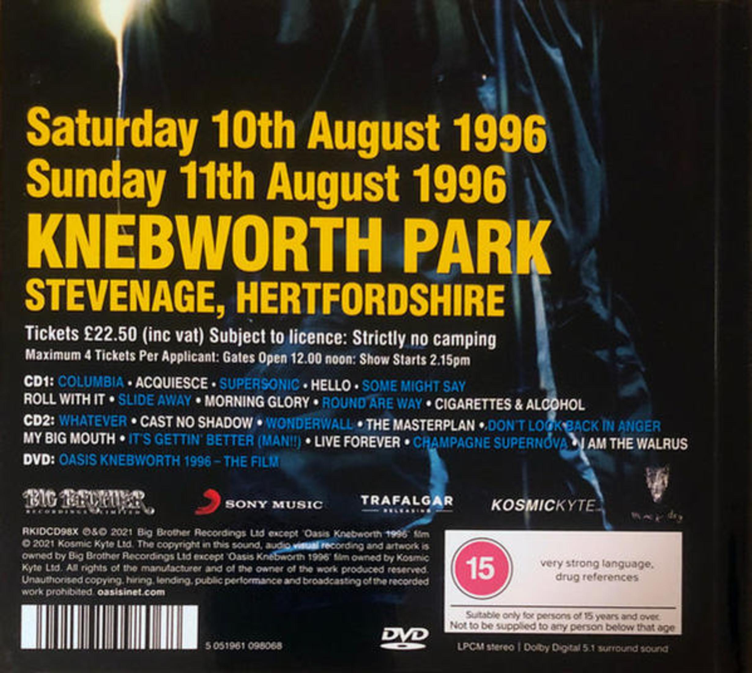 Achterkant van de albumhoes. Evenementinformatie. Tekst: Oasis, Knebworth Park, Stevenage.
