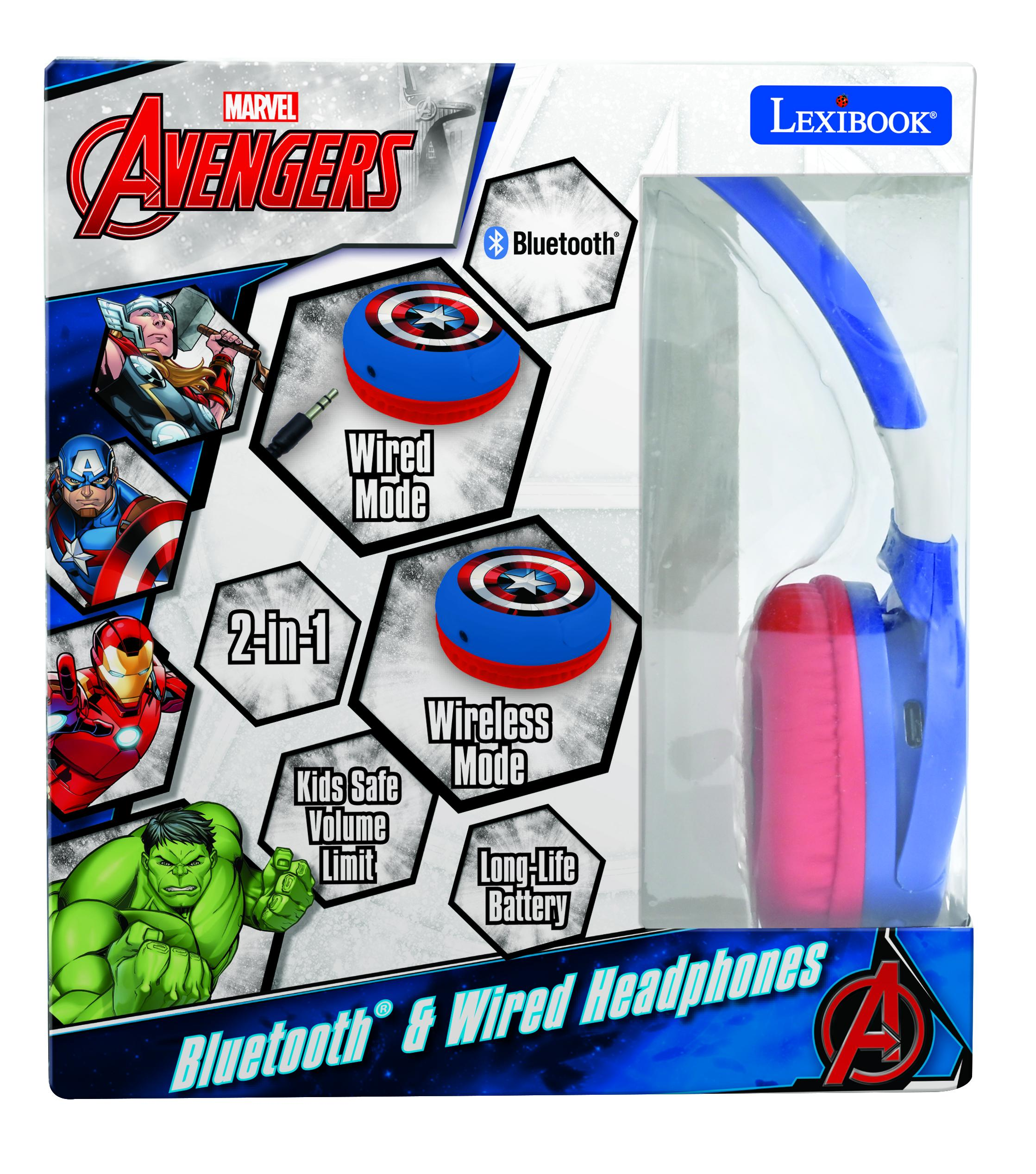 Cuffie Avengers in una scatola. La scatola mostra il logo Avengers e le immagini degli eroi.