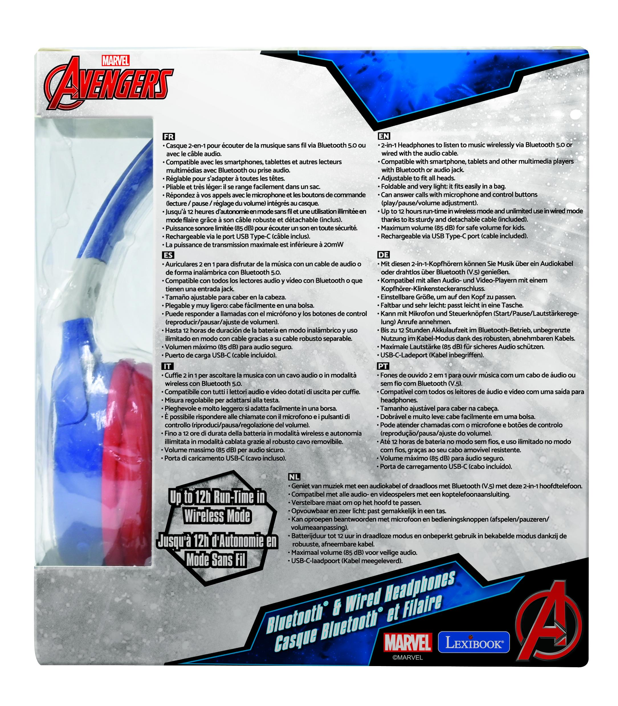 Cuffie wireless Avengers. Blu e rosse con padiglioni e cavo.