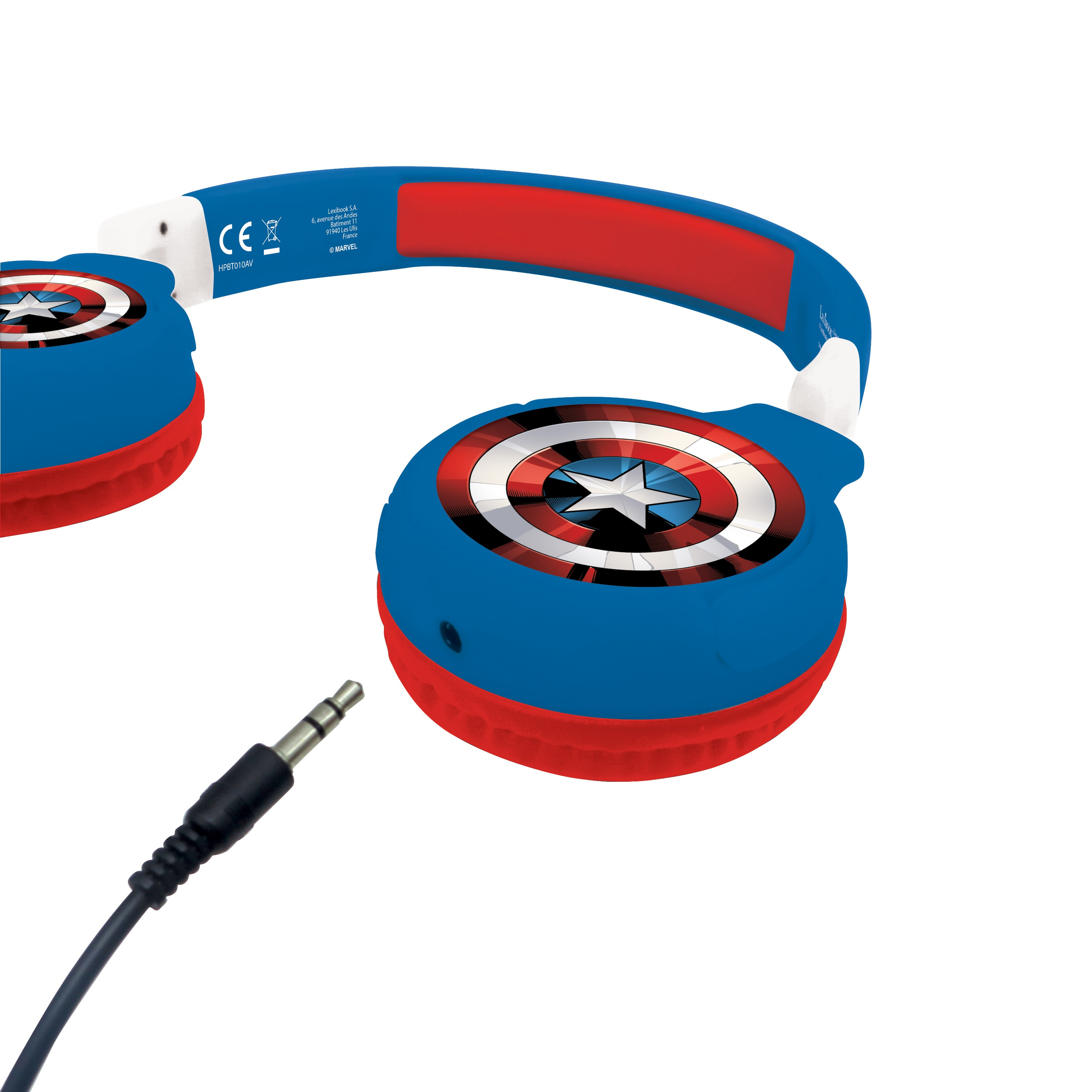Cuffie di Captain America, blu e rosse, con cavo e jack.
