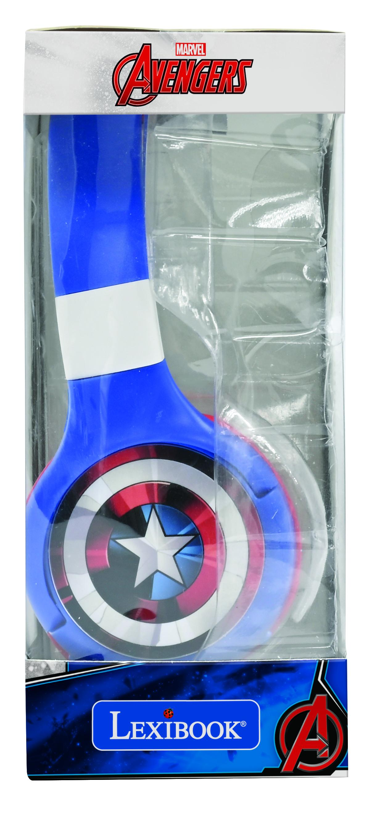Cuffie Avengers in una scatola. Cuffie blu con scudo di Captain America.