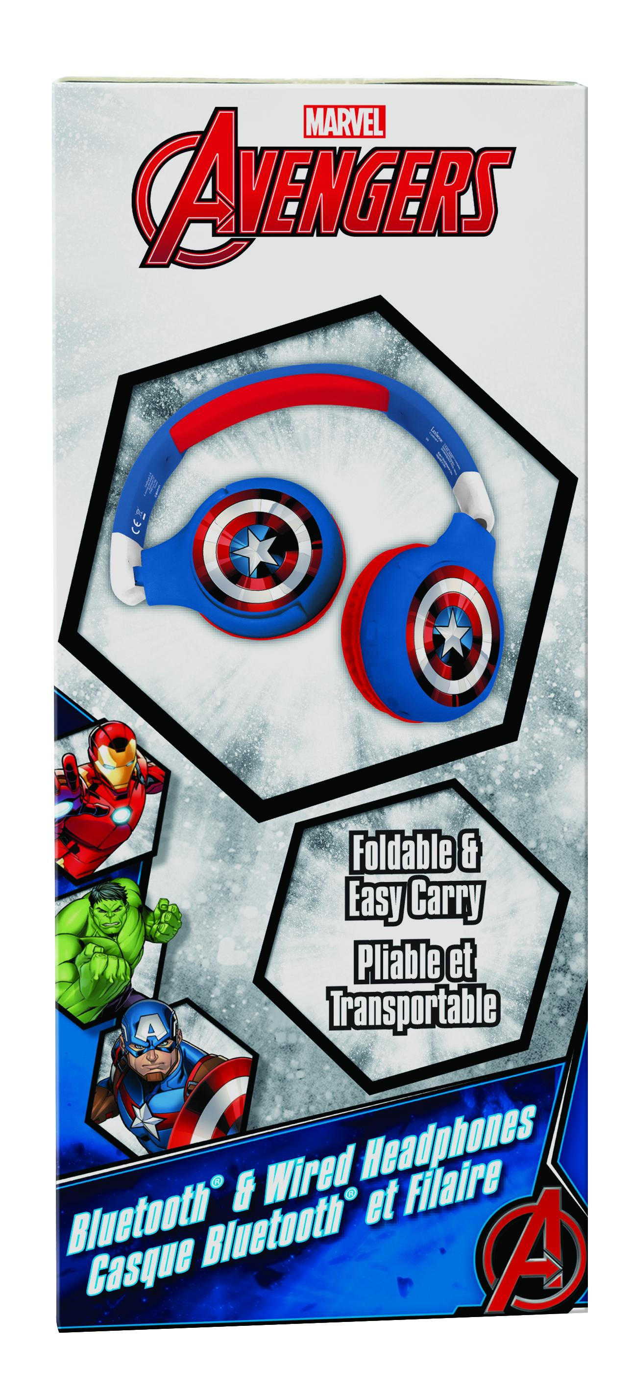 Cuffie blu Avengers con design scudo di Capitan America, fascia rossa e blu, dettagli bianchi e logo.