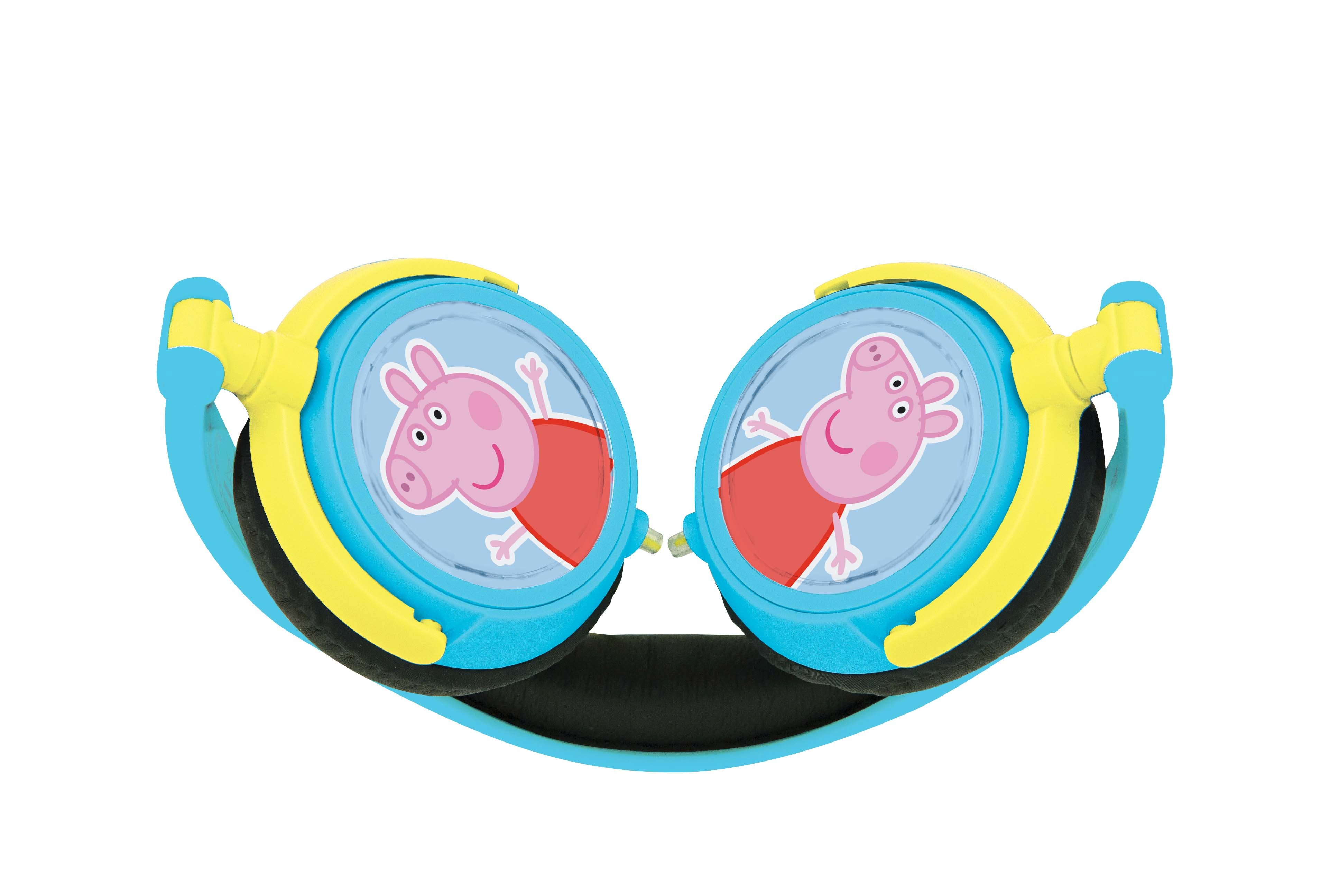 Cuffie Peppa Pig blu e gialle con immagini di Peppa Pig sui padiglioni auricolari.