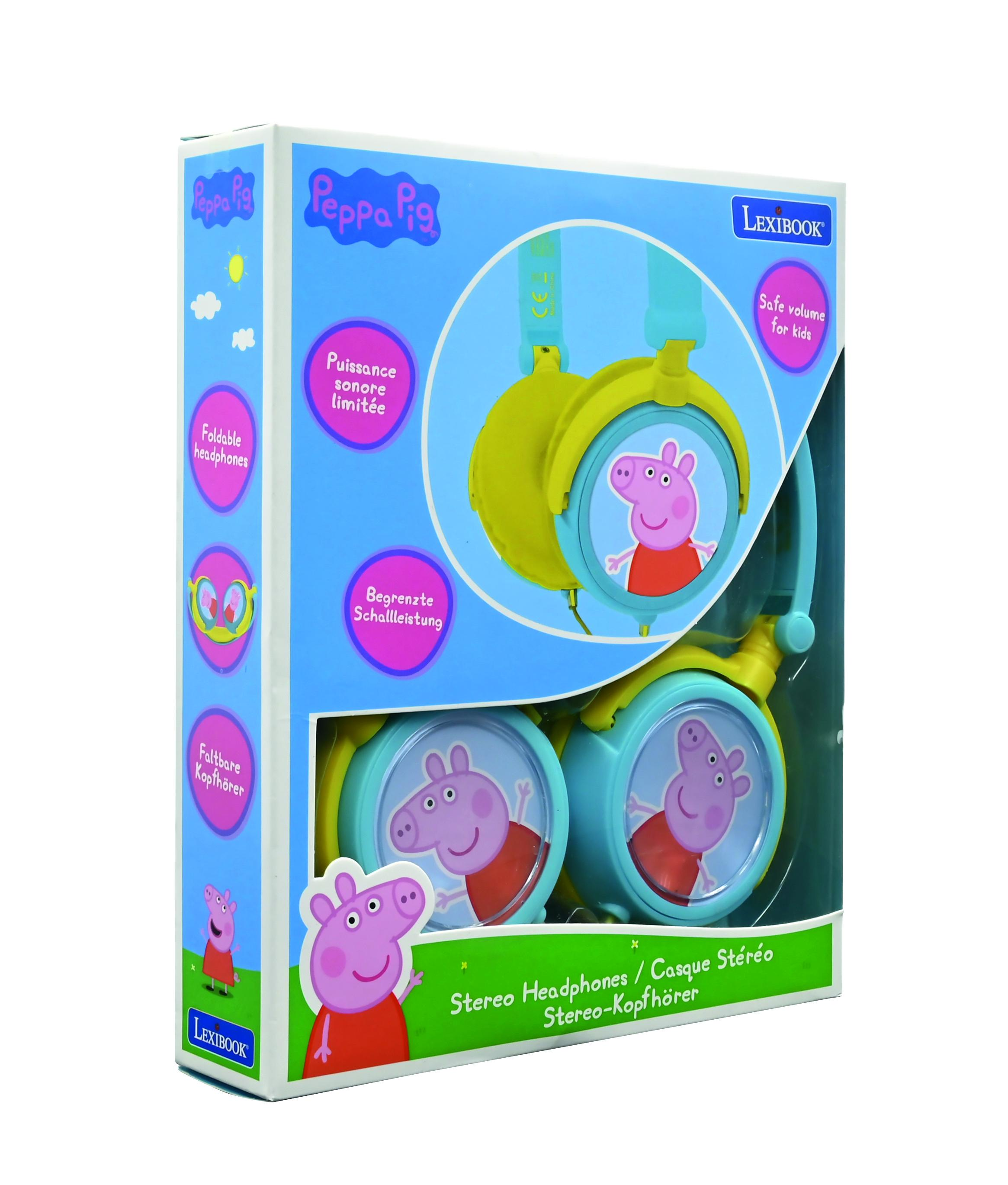 Cuffie Peppa Pig nella confezione, con caratteristiche di sicurezza.