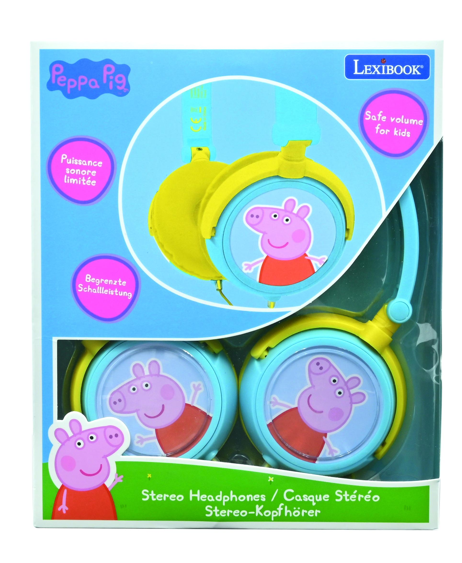 Cuffie Peppa Pig nella confezione. Cuffie gialle e blu con Peppa Pig sui padiglioni.