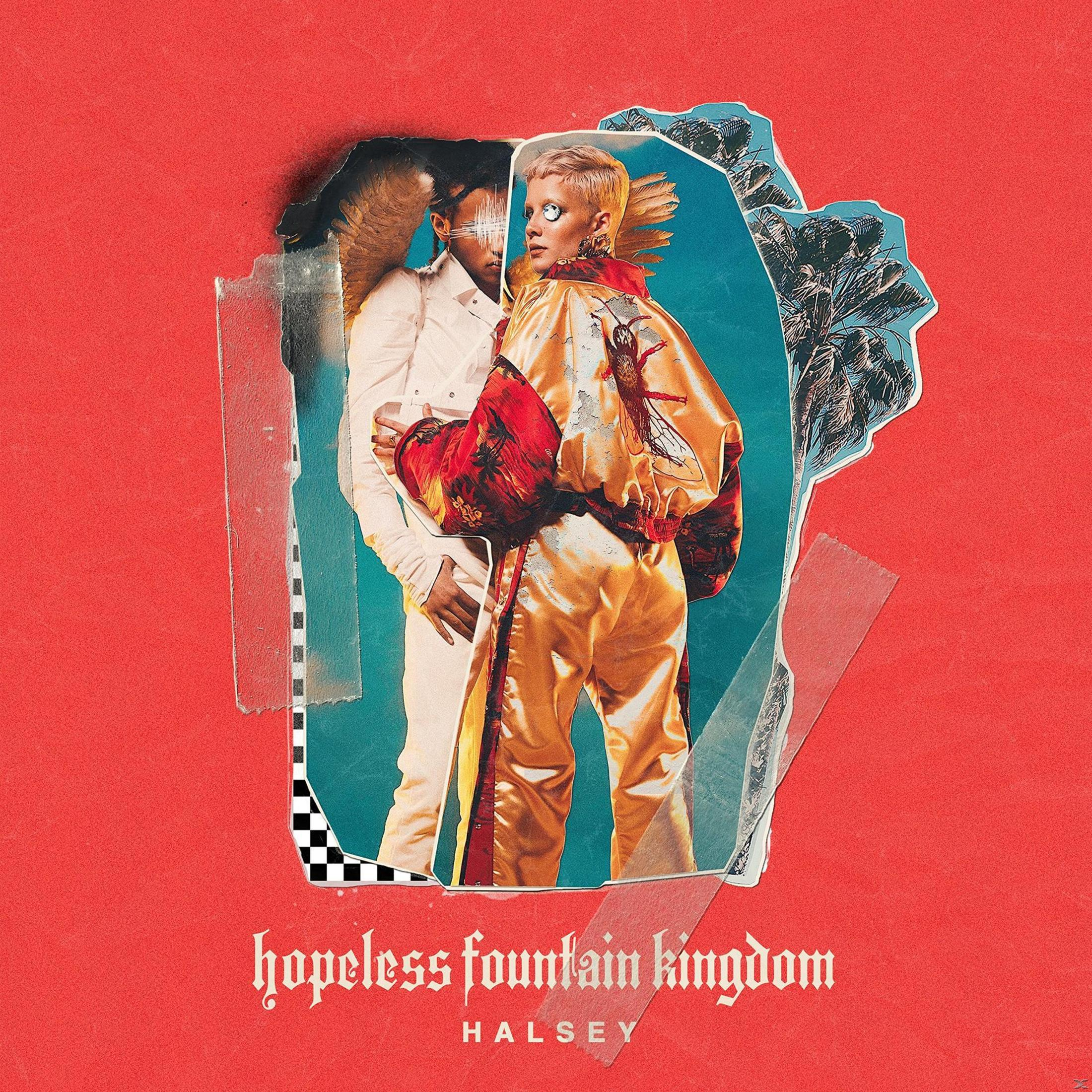 Albumhoes. Twee mensen omarmen elkaar. De achtergrond is rood met abstracte vormen. De titel is 'hopeless fountain kingdom'.