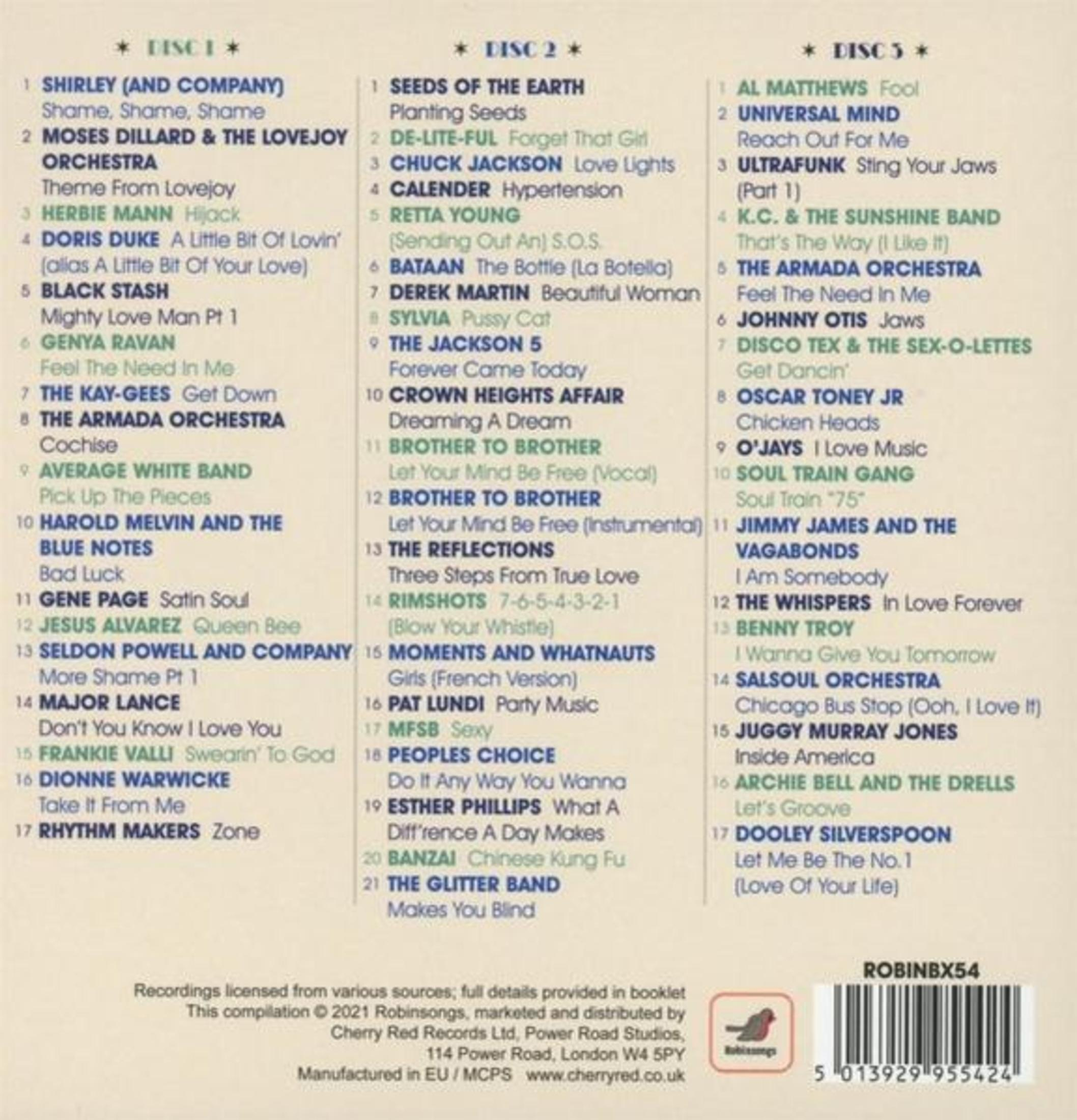 Albumcover mit Titeln und Künstlern. Disc 1, 2 und 3 mit Namen wie Shirley, Moses Dillard und Al Matthews.