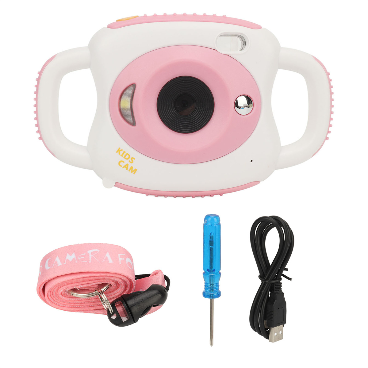 Eine rosa-weiße Kinderkamera mit Gurt, Kabel und Schraubendreher auf weißem Untergrund.