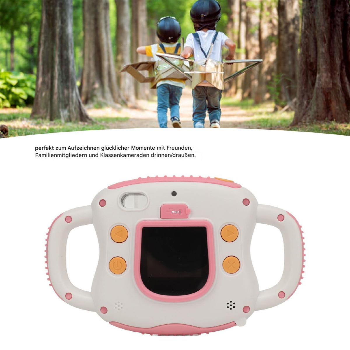 Rosa-weiße Kinderkamera. Im Hintergrund gehen zwei Kinder mit Papierflügeln in einem Wald.
