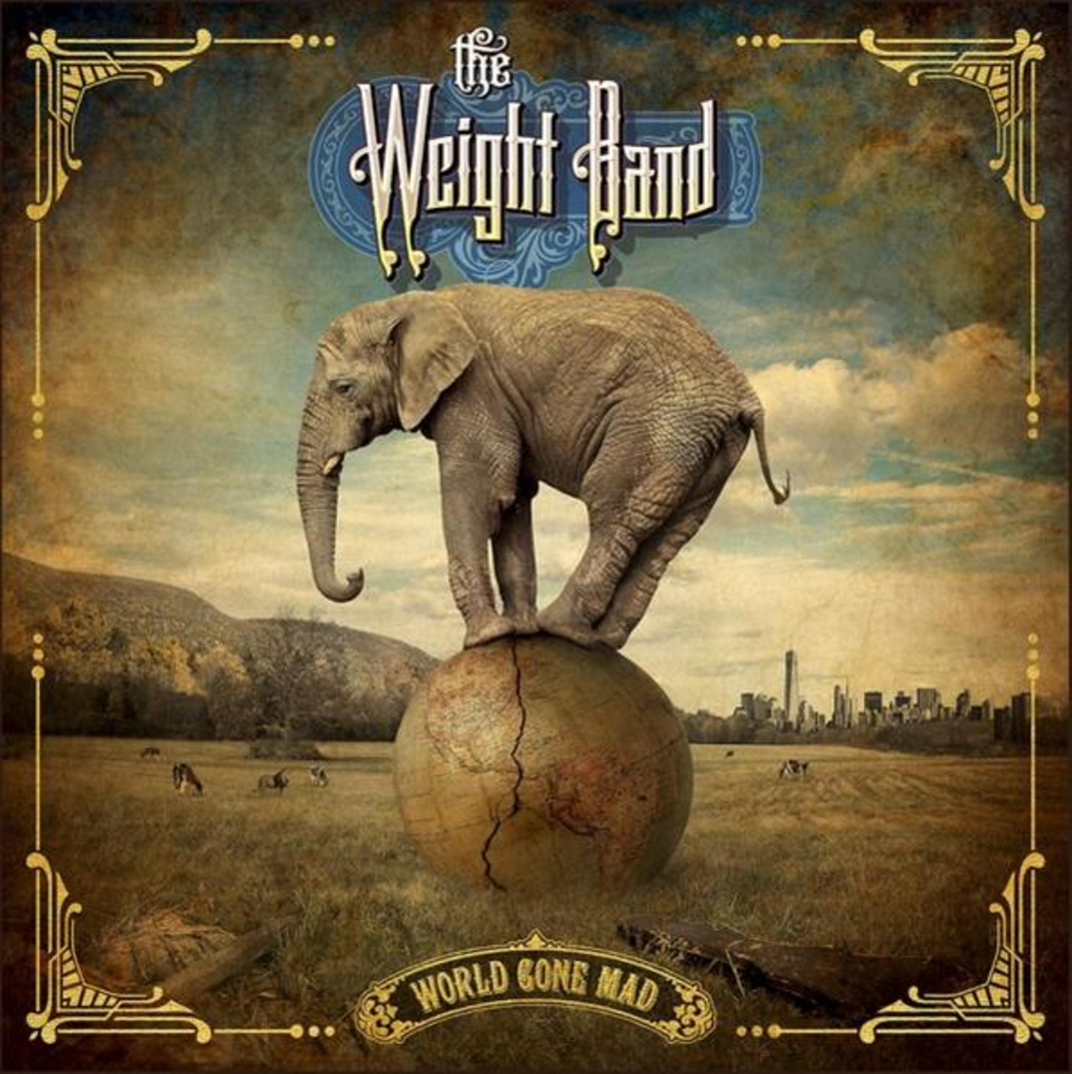 Olifant in evenwicht op gebarsten globe, met skyline, albumhoes.