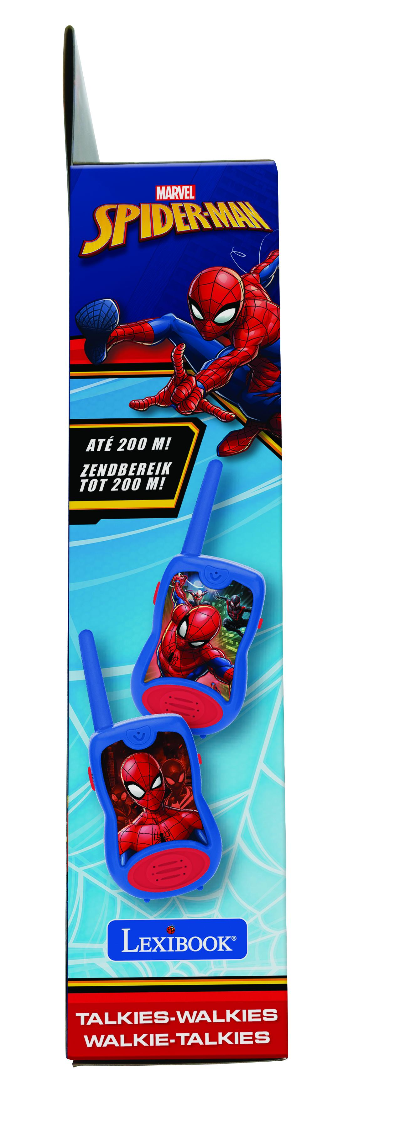 Caja azul con walkie-talkies de Spider-Man. Imágenes de Spider-Man y texto: 'Talkies-Walkies Walkie-Talkies'.