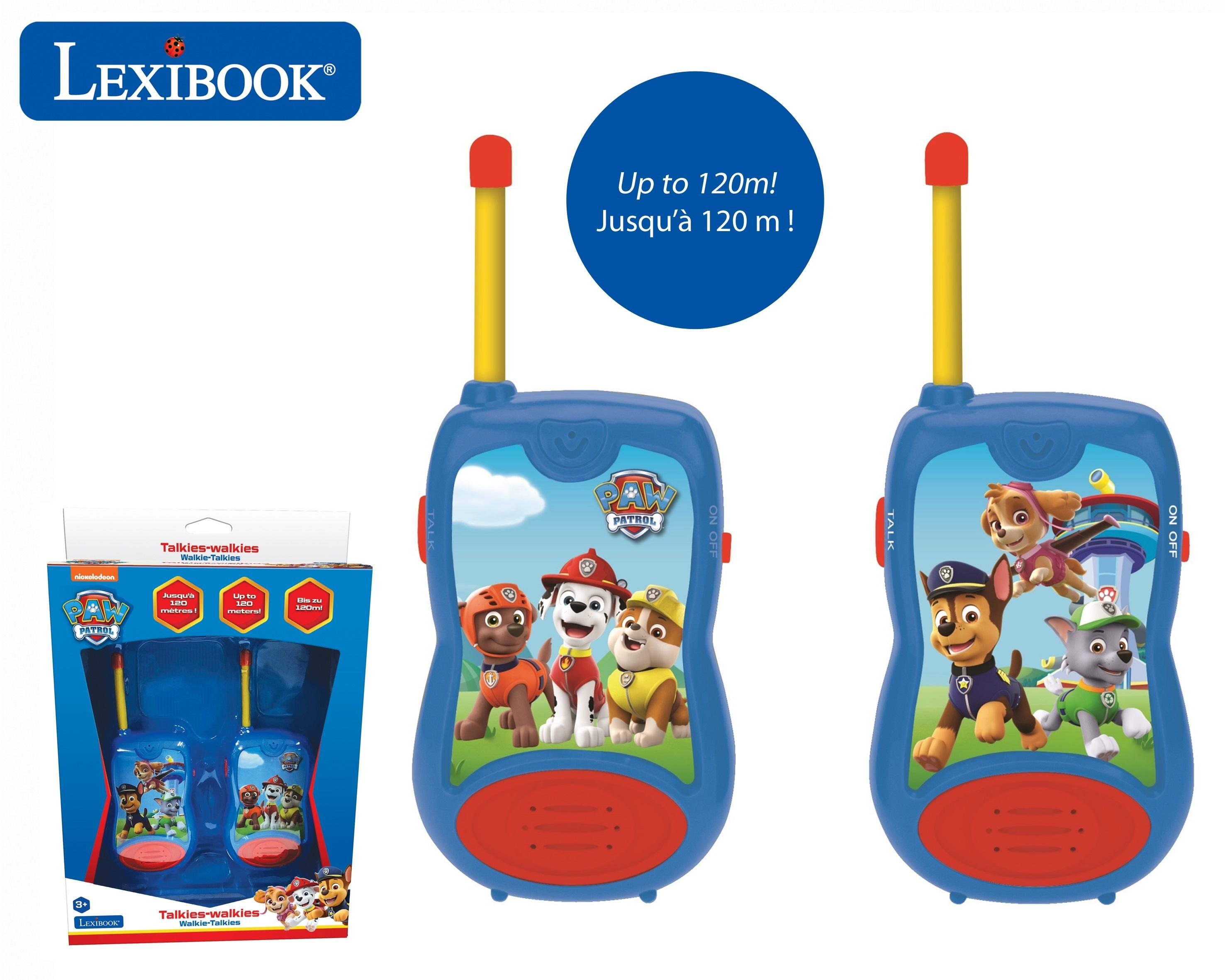 Niebieskie walkie-talkie Lexibook PAW Patrol z anteną i postaciami z Psiego Patrolu, białe tło.