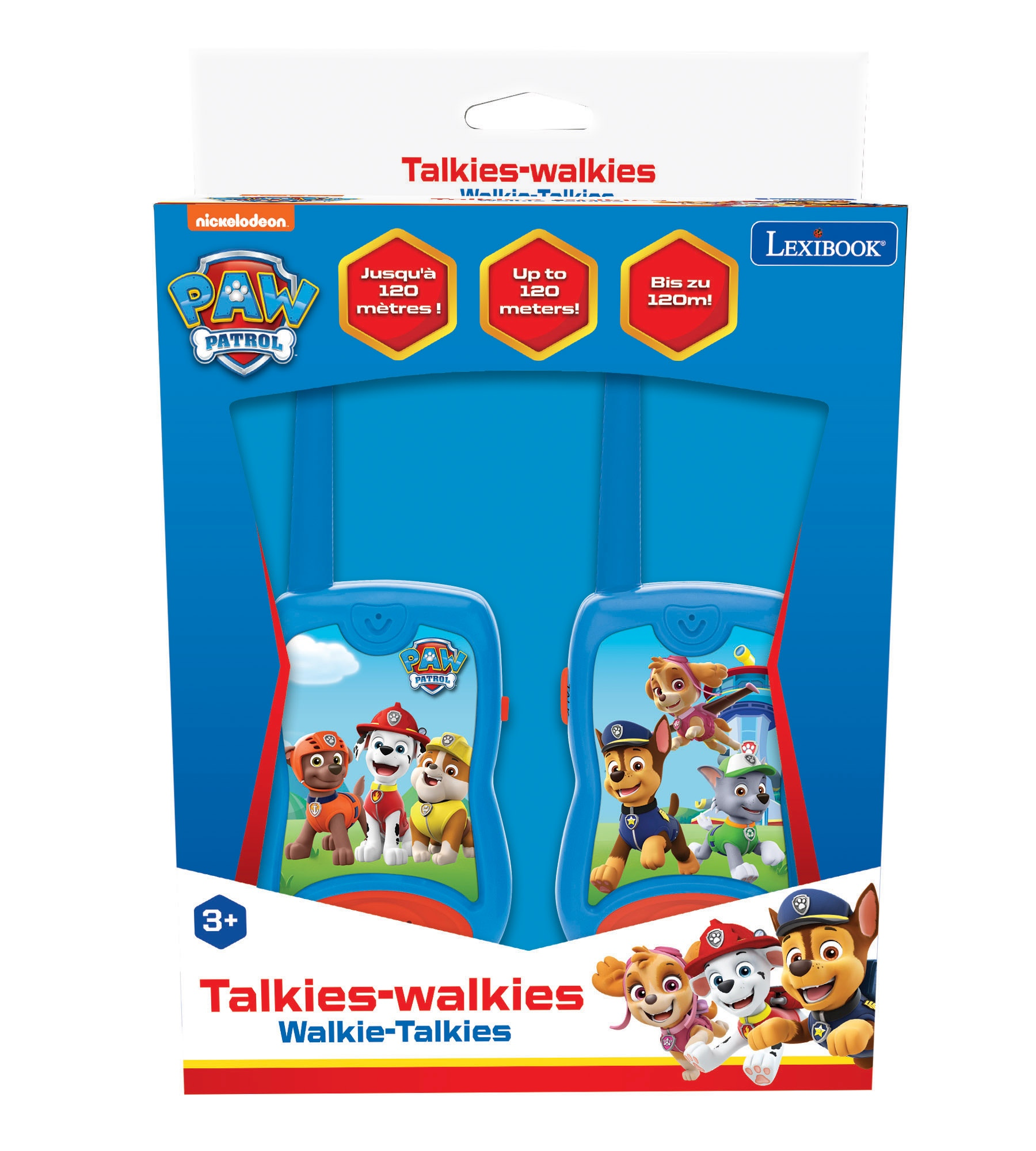 Zapakowane niebieskie walkie-talkie PAW Patrol, z postaciami z Psiego Patrolu, na białym tle.
