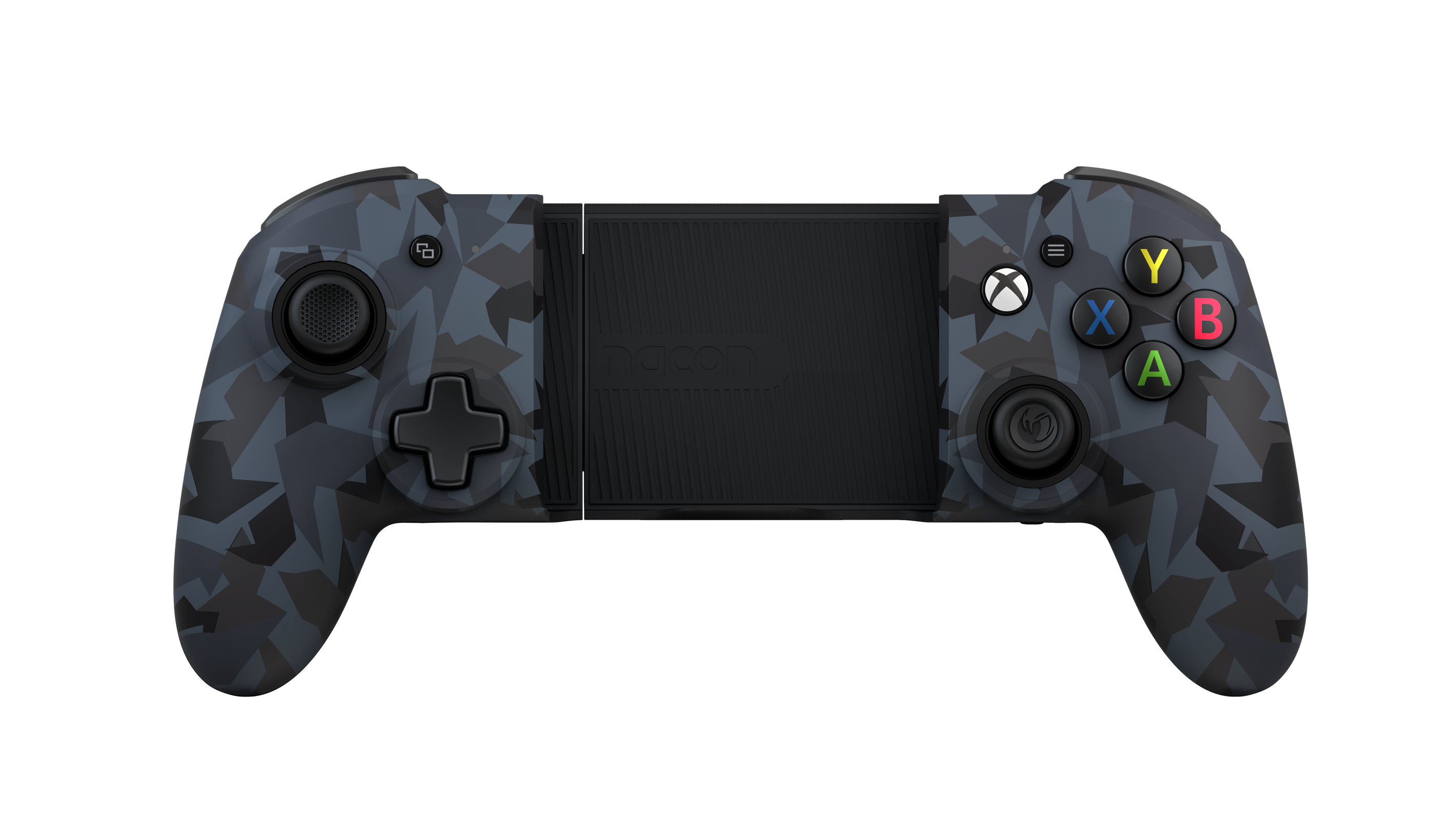 Controller Xbox con motivo mimetico. Pulsanti visibili, sfondo nero.