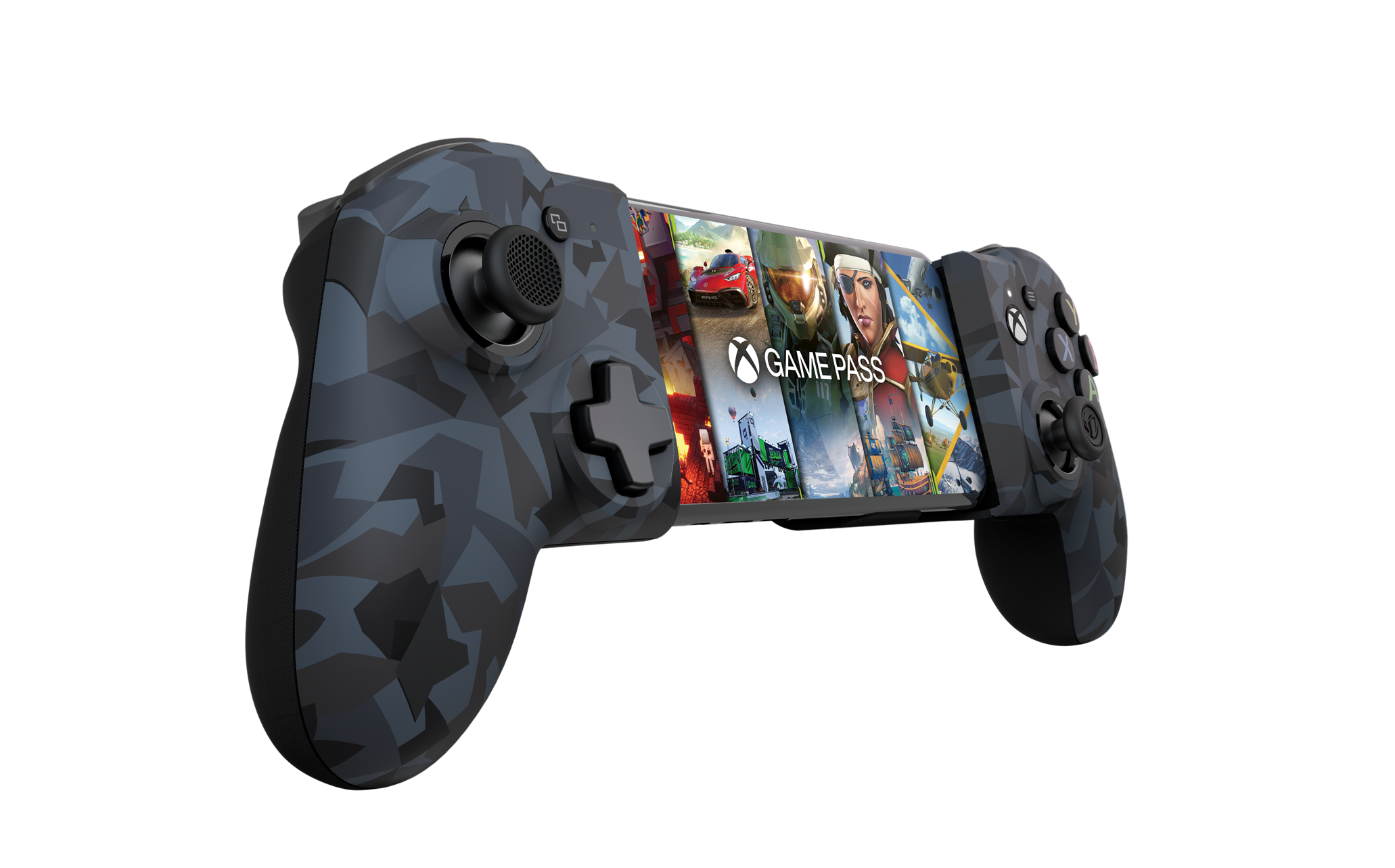 Controller di gioco con telefono collegato, mostra schermate di gioco. Design mimetico.