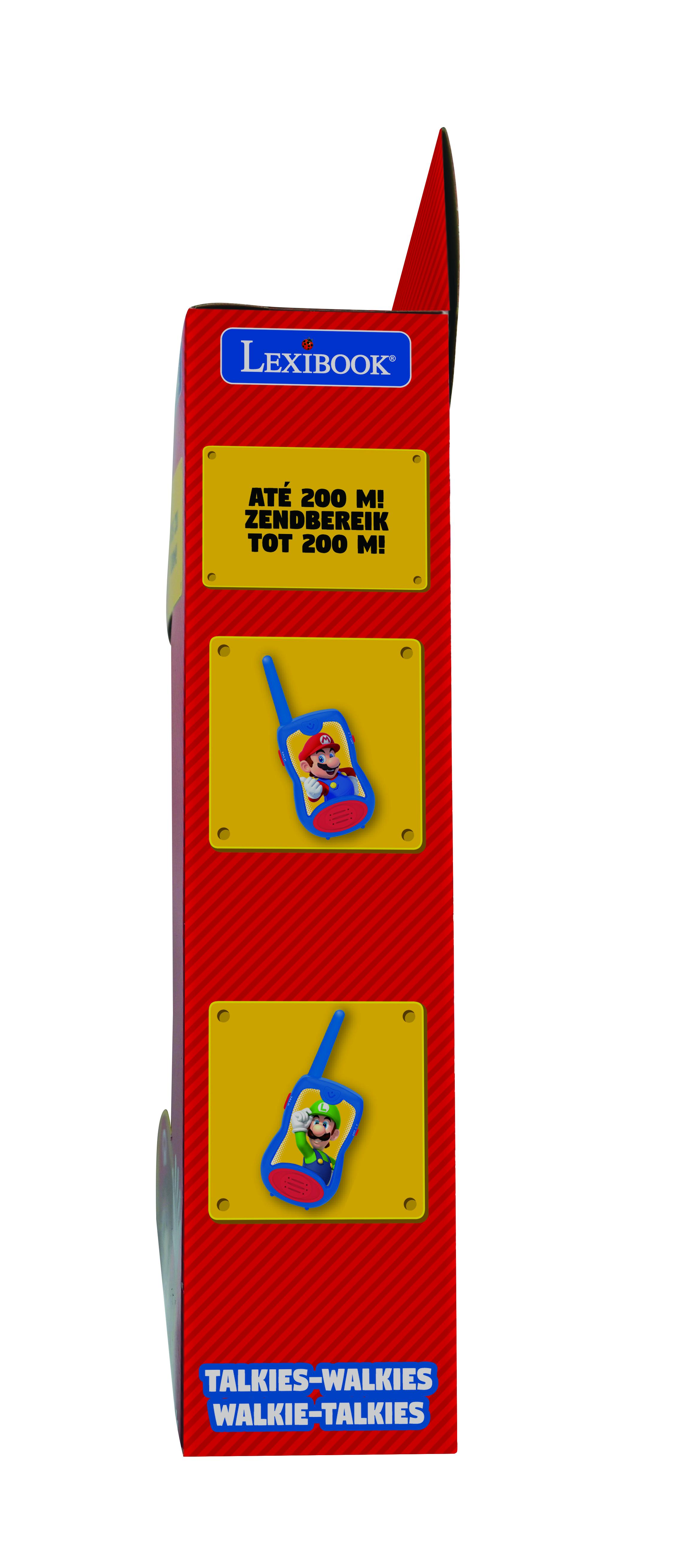 Caja roja con walkie-talkies de Mario. Mario y Luigi al frente. Texto: 'Talkies-Walkies Walkie-Talkies'.