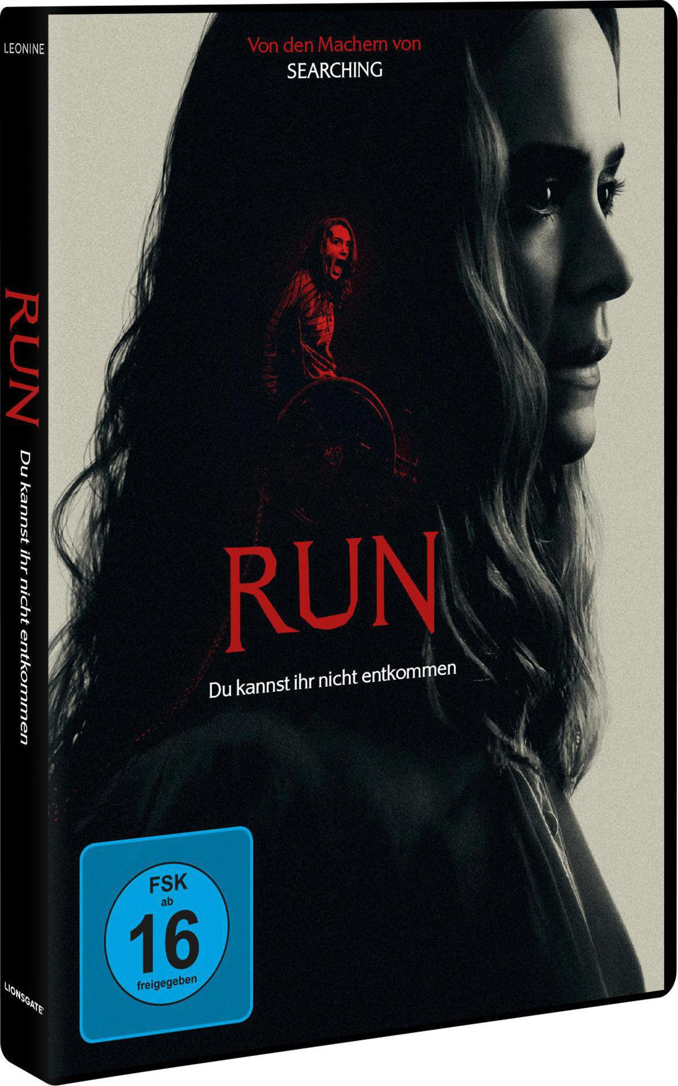DVD-Cover des Films RUN mit dem Gesicht einer Frau im Hintergrund und einer sitzenden Person in Rot.