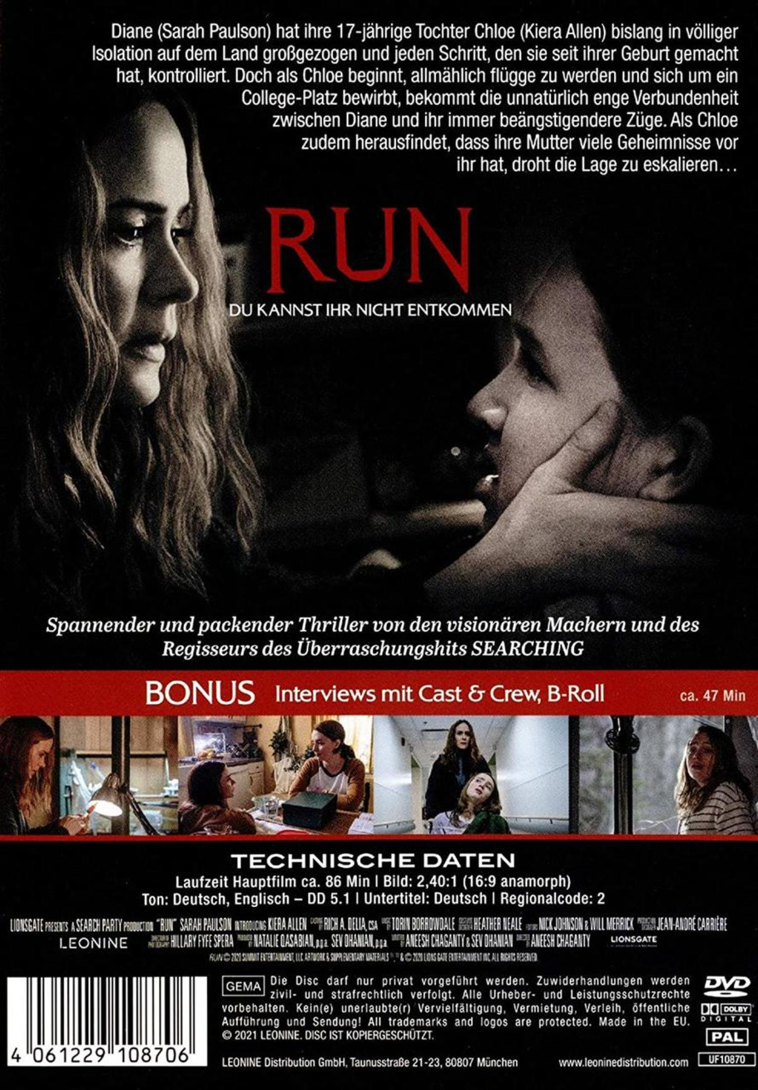 DVD-Cover des Thrillers RUN mit Sarah Paulson und Kiera Allen, im Hintergrund düstere Szenenbilder.