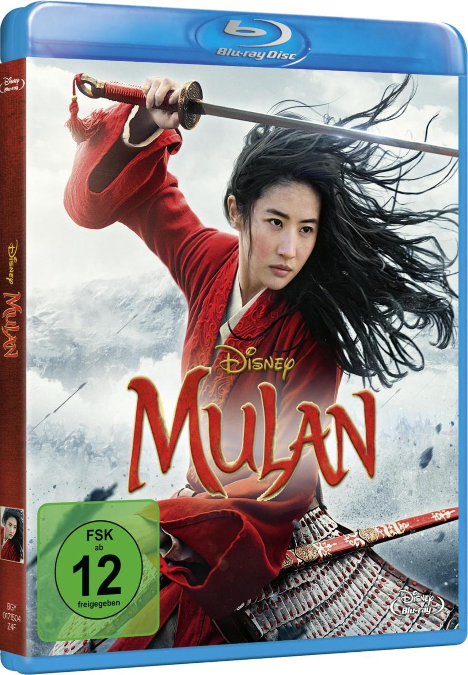 Mulan in rotem Gewand mit Schwert und wehendem Haar vor verschneitem Schlachtfeld.