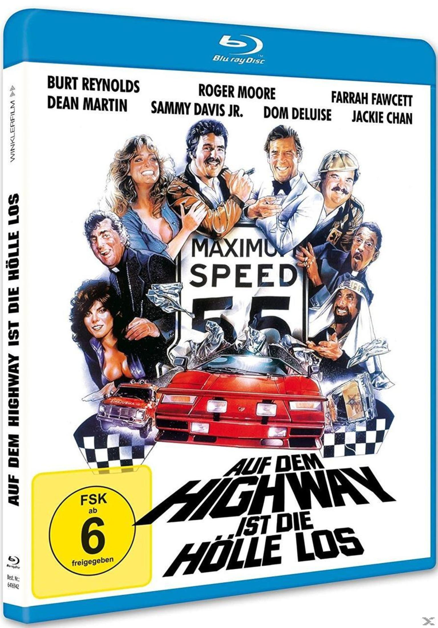 Blu-ray-Hülle des Films Auf dem Highway ist die Hölle los mit Ensemble, rotem Sportauto und Zielflaggenmuster.