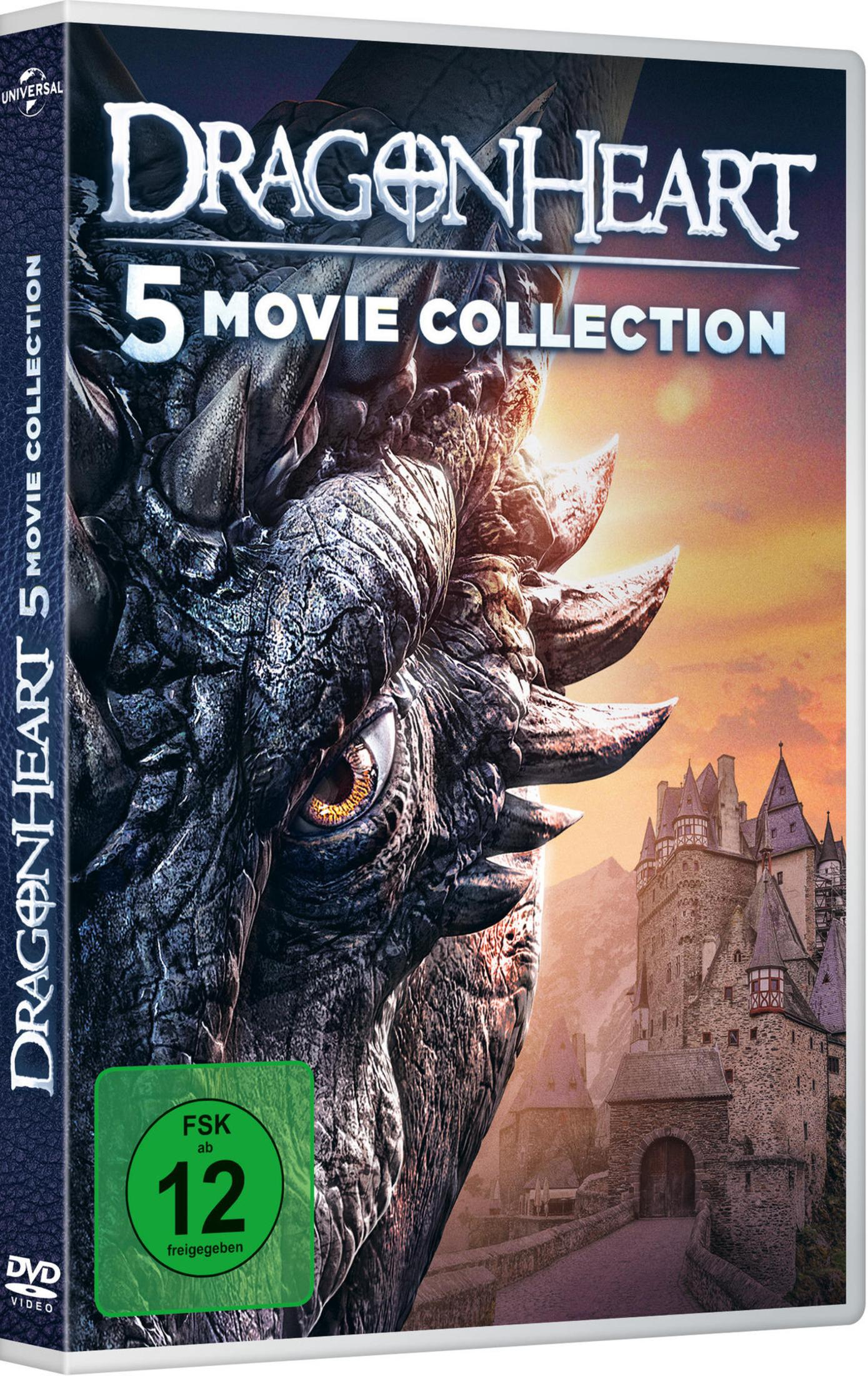 DVD-Cover der Dragonheart 5 Movie Collection mit einem Drachengesicht und einer Burg im Hintergrund.