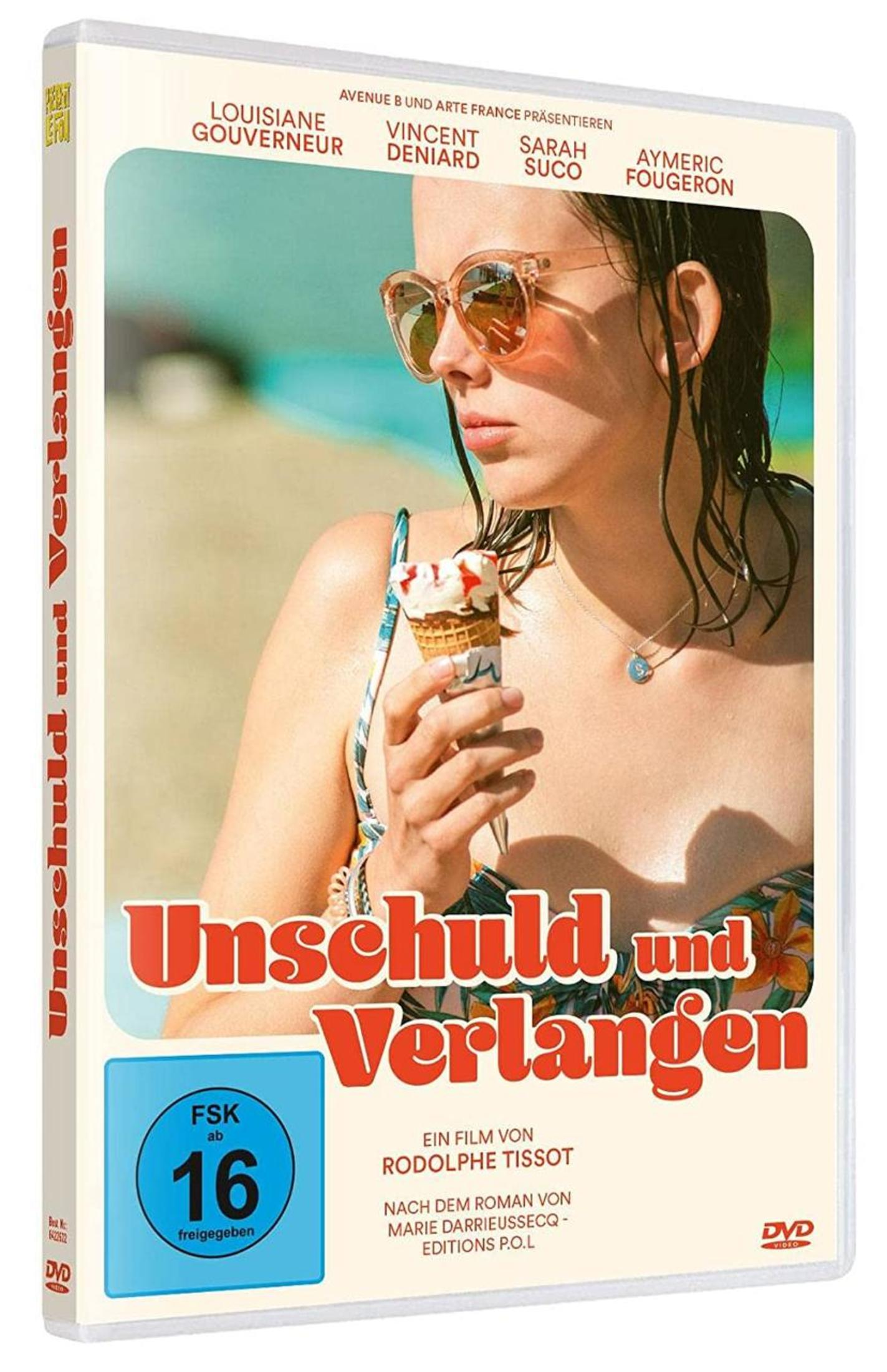 DVD-Cover des Films Unschuld und Verlangen mit einer Frau in Sonnenbrille, die ein Eis hält.