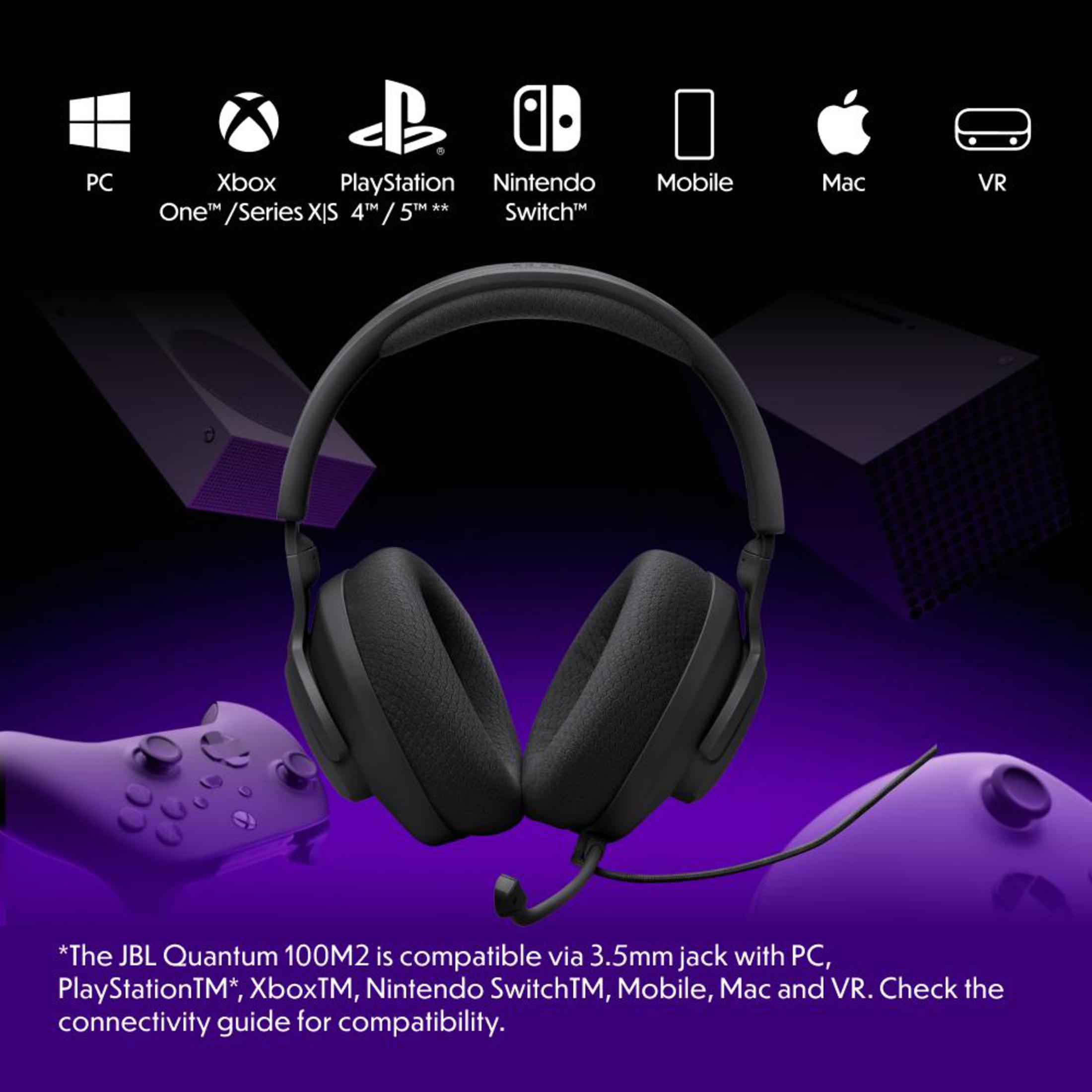 Czarne słuchawki dla graczy z mikrofonem. Loga PC, Xbox, PlayStation, Nintendo, Mobile, Mac, VR. Fioletowe tło.