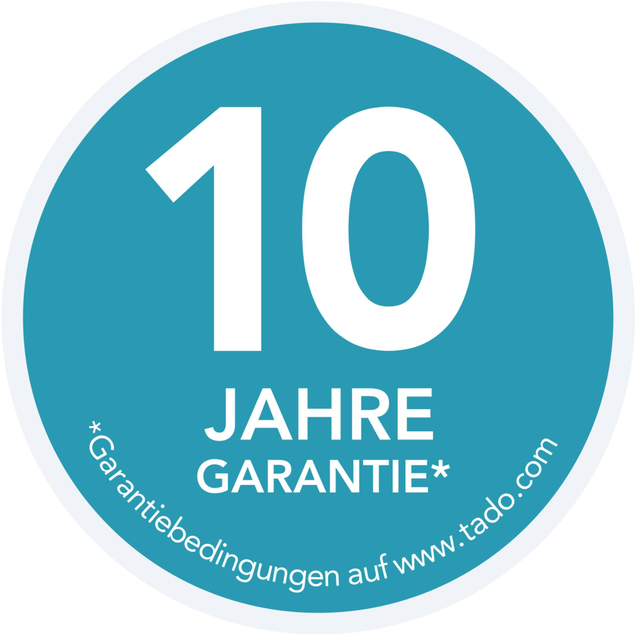 Een turquoise cirkel met het witte nummer 10 en de woorden 'Jahre Garantie', op een witte achtergrond.